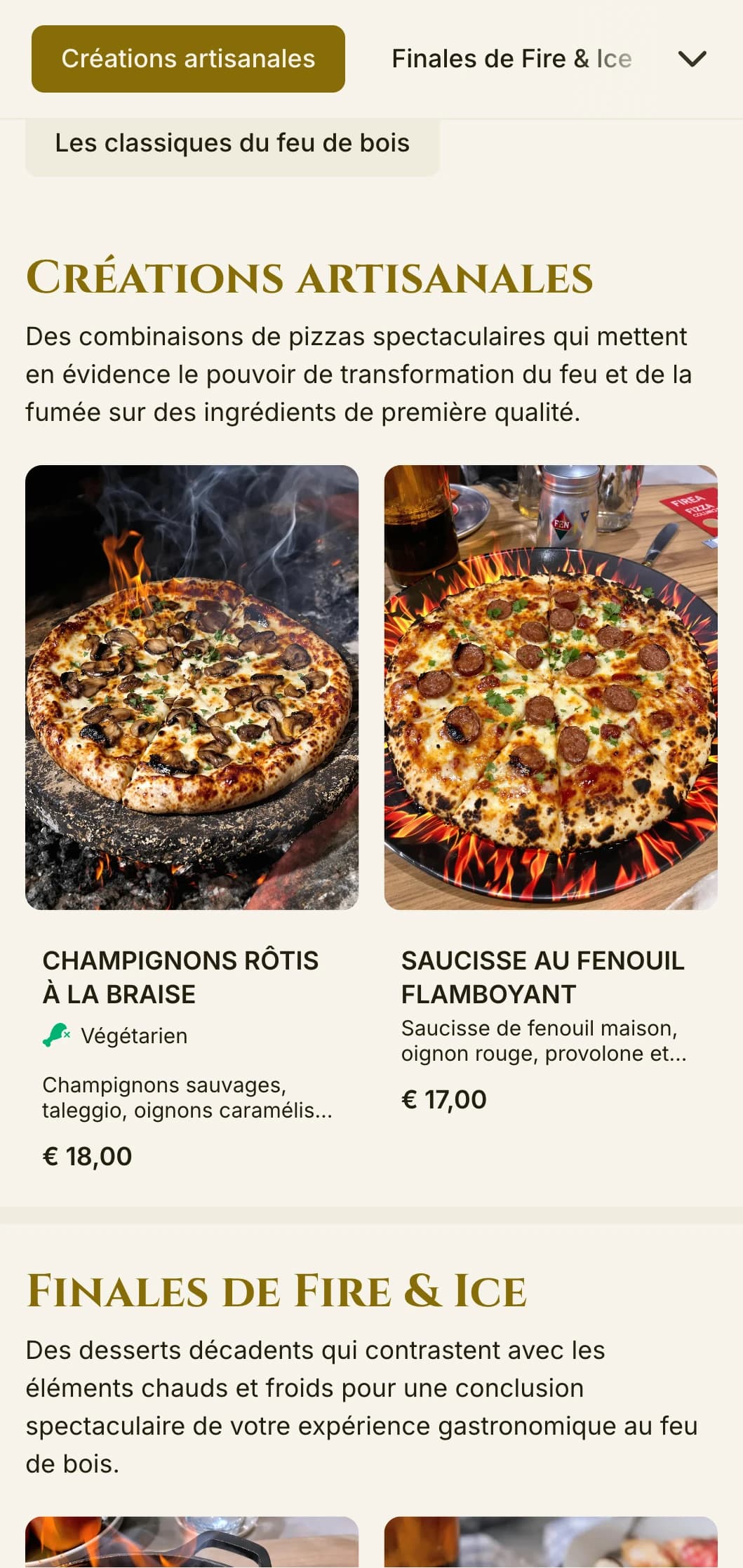 Carte de pizzas spectaculaire aux couleurs riches et à la typographie audacieuse pour les spécialistes de la cuisson au feu de bois.