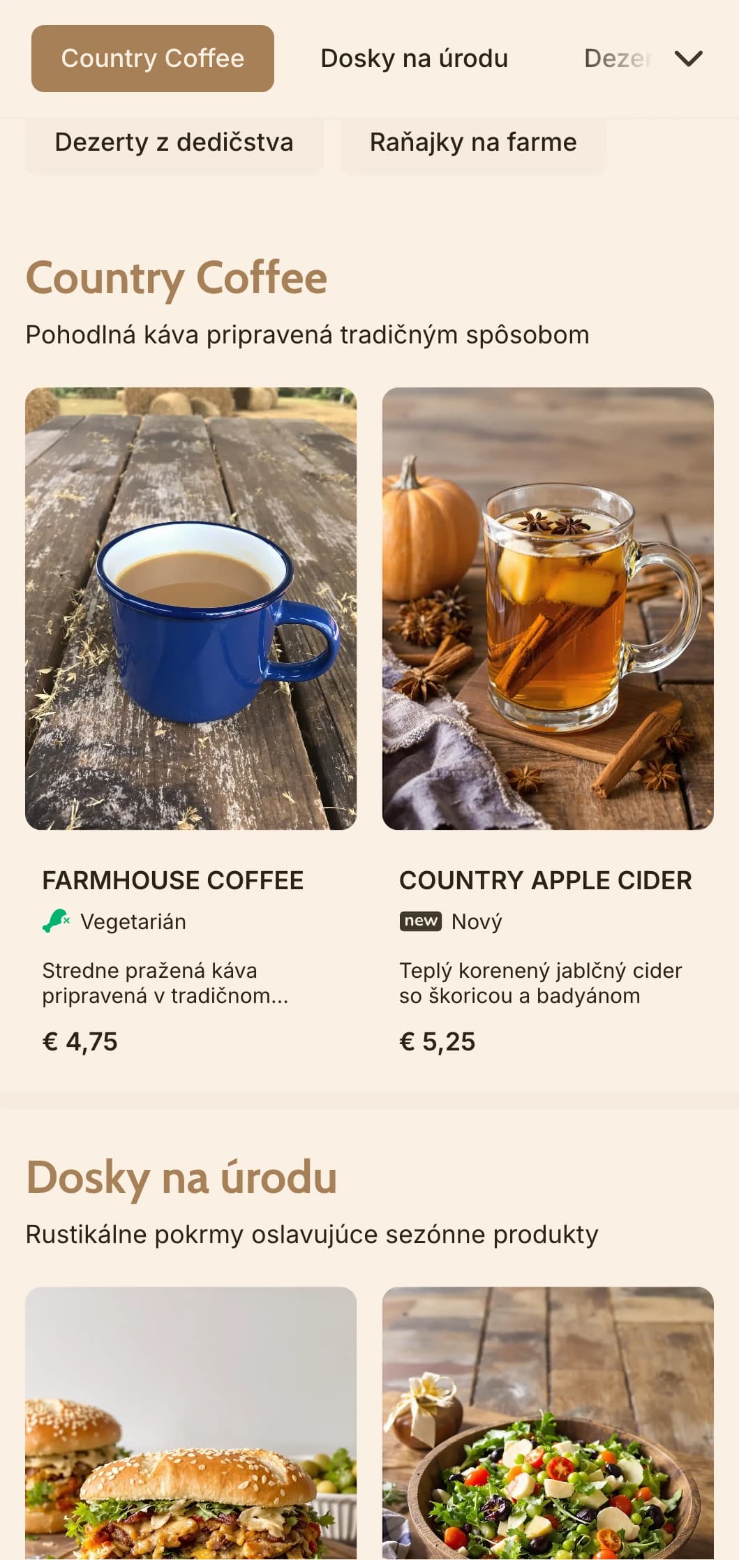 Zemitý dizajn s rustikálnymi drevenými prvkami pre vidiecke raňajkové miesta a kaviarne na farmách.