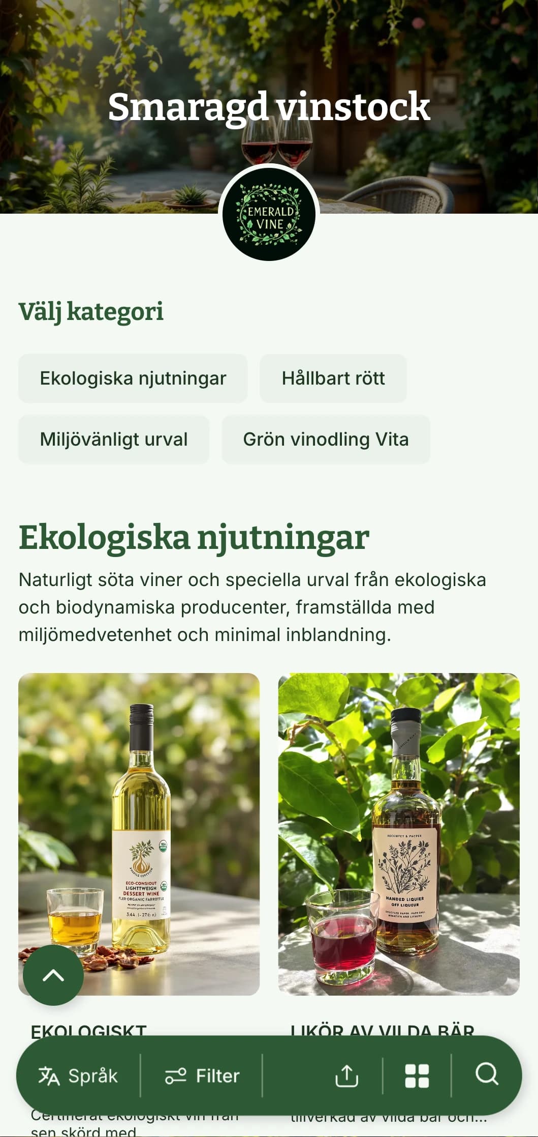 Frodig mall för vinlista med grönt tema med botaniska element och naturliga texturer, perfekt för ekologiska vinutbud och trädgårdsrestauranger.