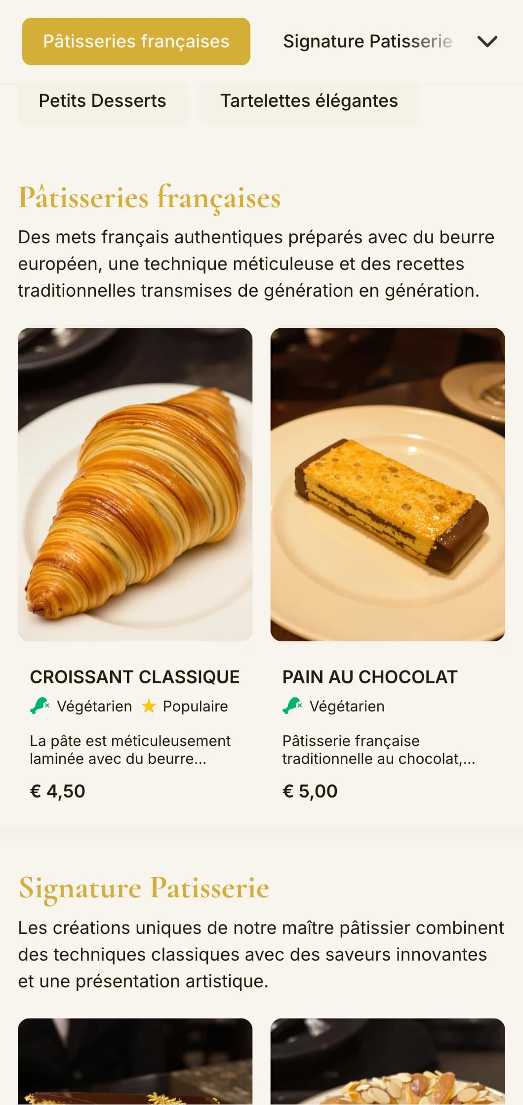 Un menu de boulangerie élégant et raffiné, aux accents dorés et à la typographie sophistiquée, parfait pour les pâtisseries et les magasins de desserts haut de gamme.