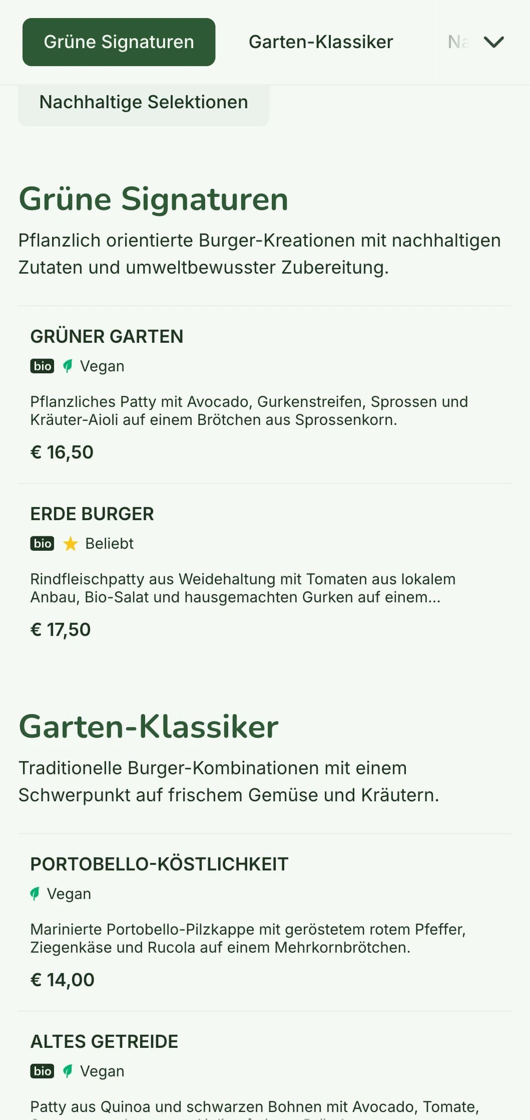 Umweltbewusstes Burger-Menü mit nachhaltigem Schwerpunkt, das natürliche Materialien und pflanzliche Optionen enthält.