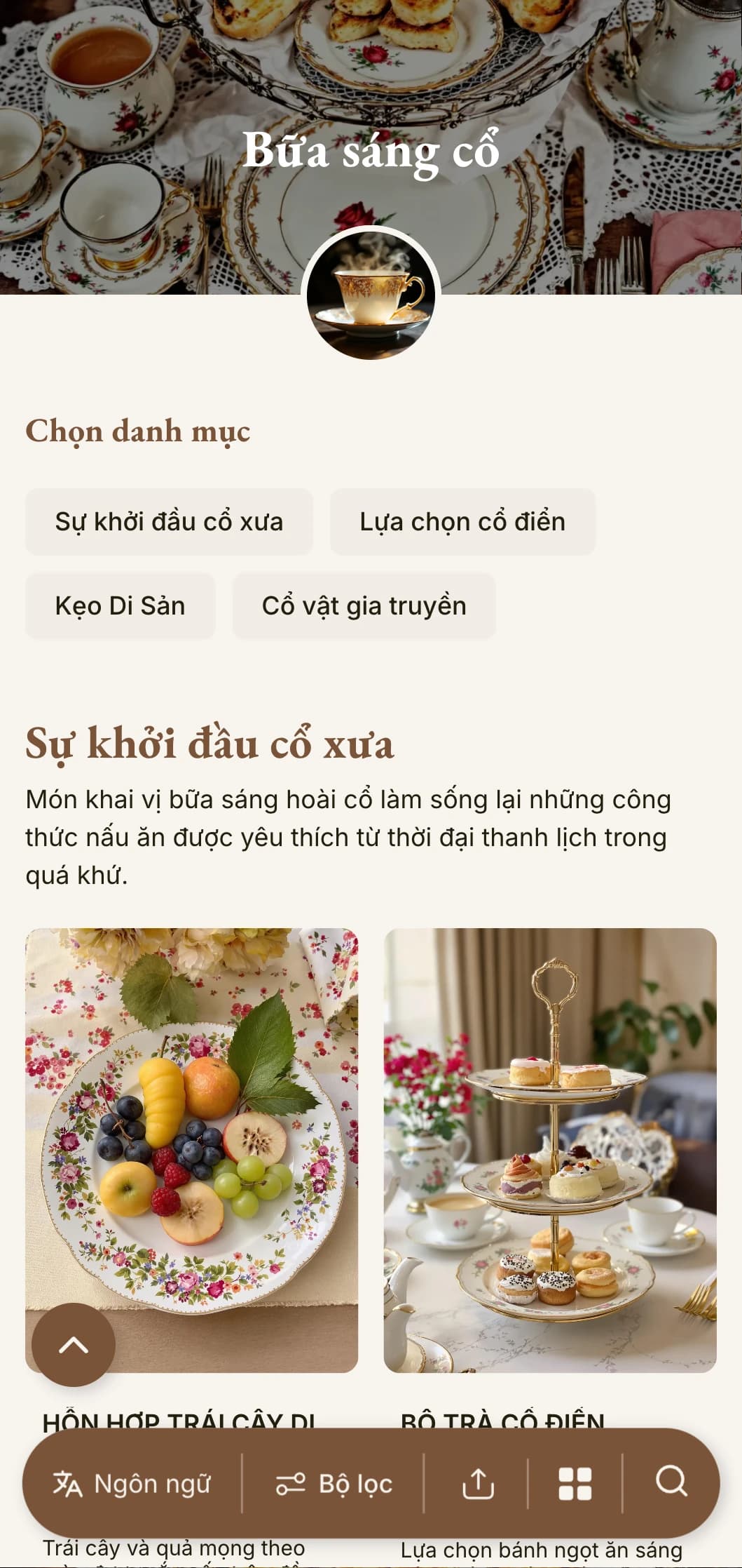 Lựa chọn món ăn buổi sáng đầy hoài niệm lấy cảm hứng từ công thức nấu ăn gia truyền, được trình bày với nét quyến rũ cổ điển và sự thanh lịch cổ điển.