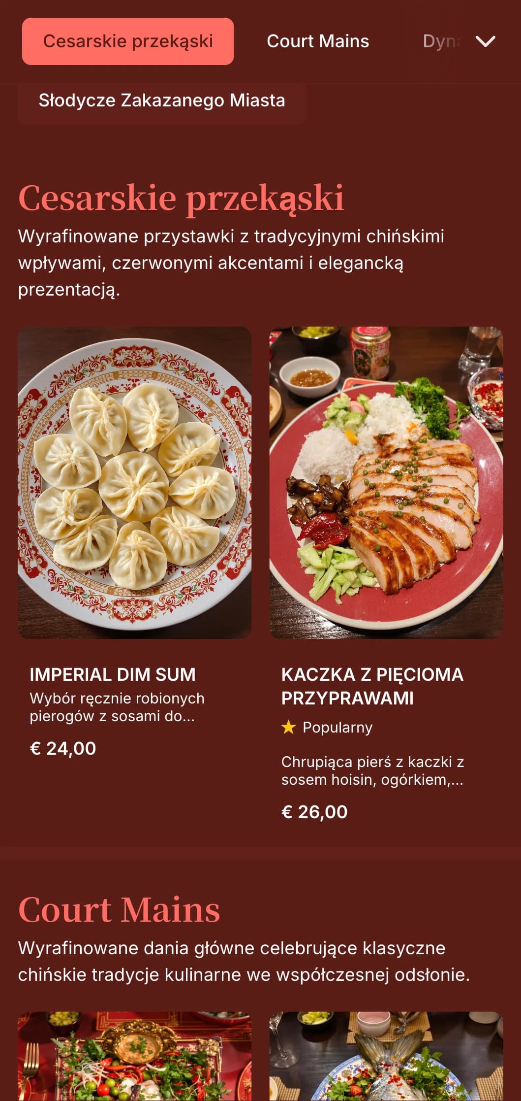 Eleganckie, inspirowane kuchnią chińską menu obiadowe z bogatymi odcieniami czerwieni i tradycyjnymi wschodnimi elementami, idealne do ekskluzywnych chińskich restauracji.