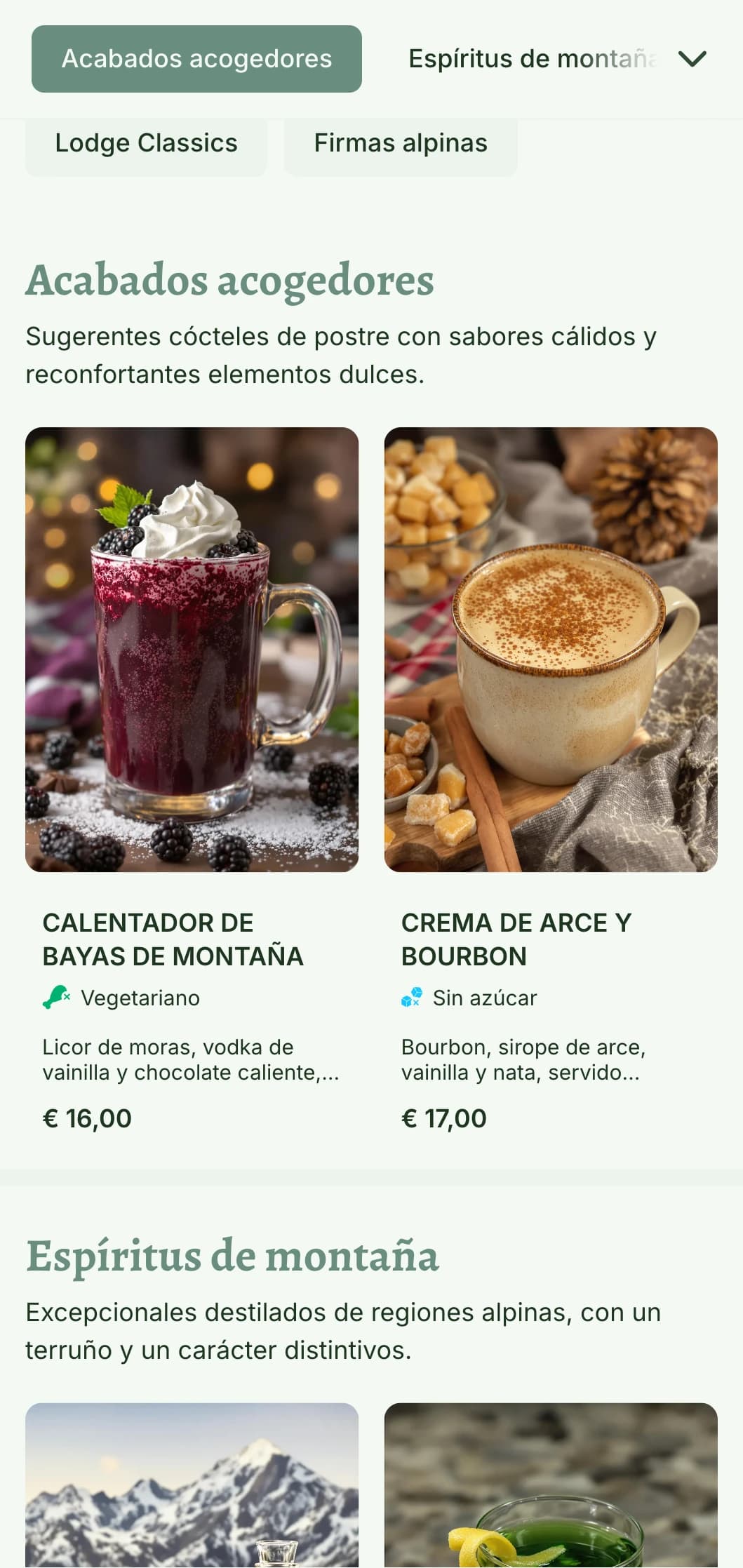 Un diseño acogedor, inspirado en la montaña, para bares de estaciones de esquí y refugios alpinos, con elementos cálidos y naturales y tipografía rústica.