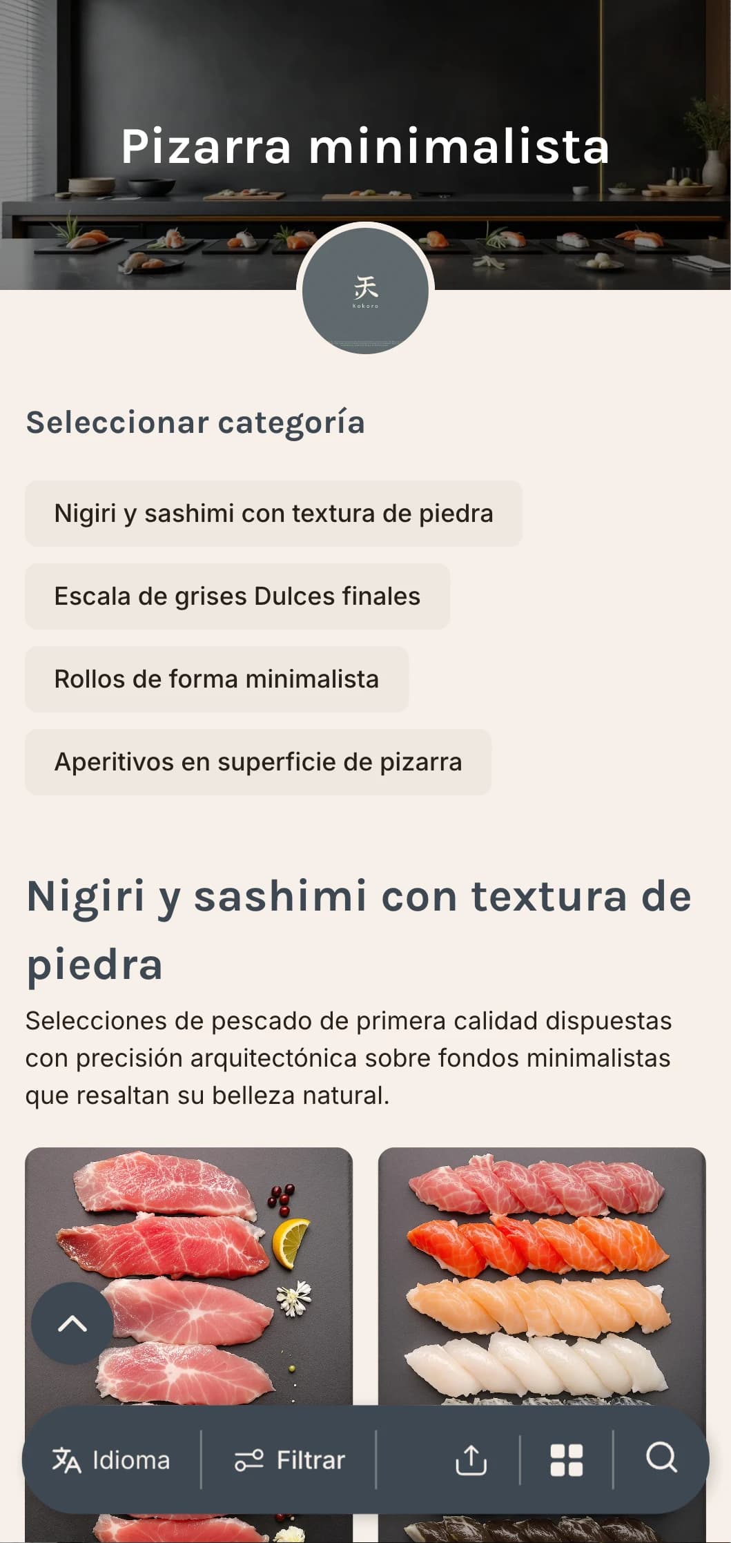 Menú de sushi limpio y contemporáneo con tonos grises pizarra y diseño minimalista para locales informales de lujo.