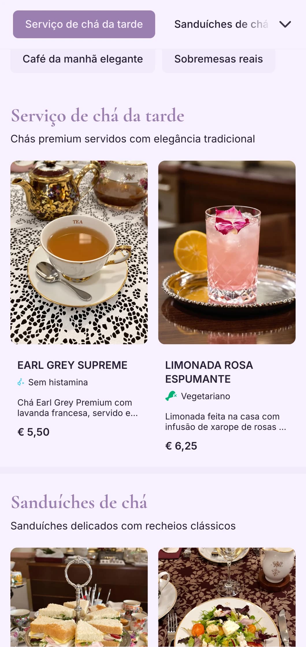 Design roxo sofisticado para serviços de chá de luxo e cafeterias elegantes.