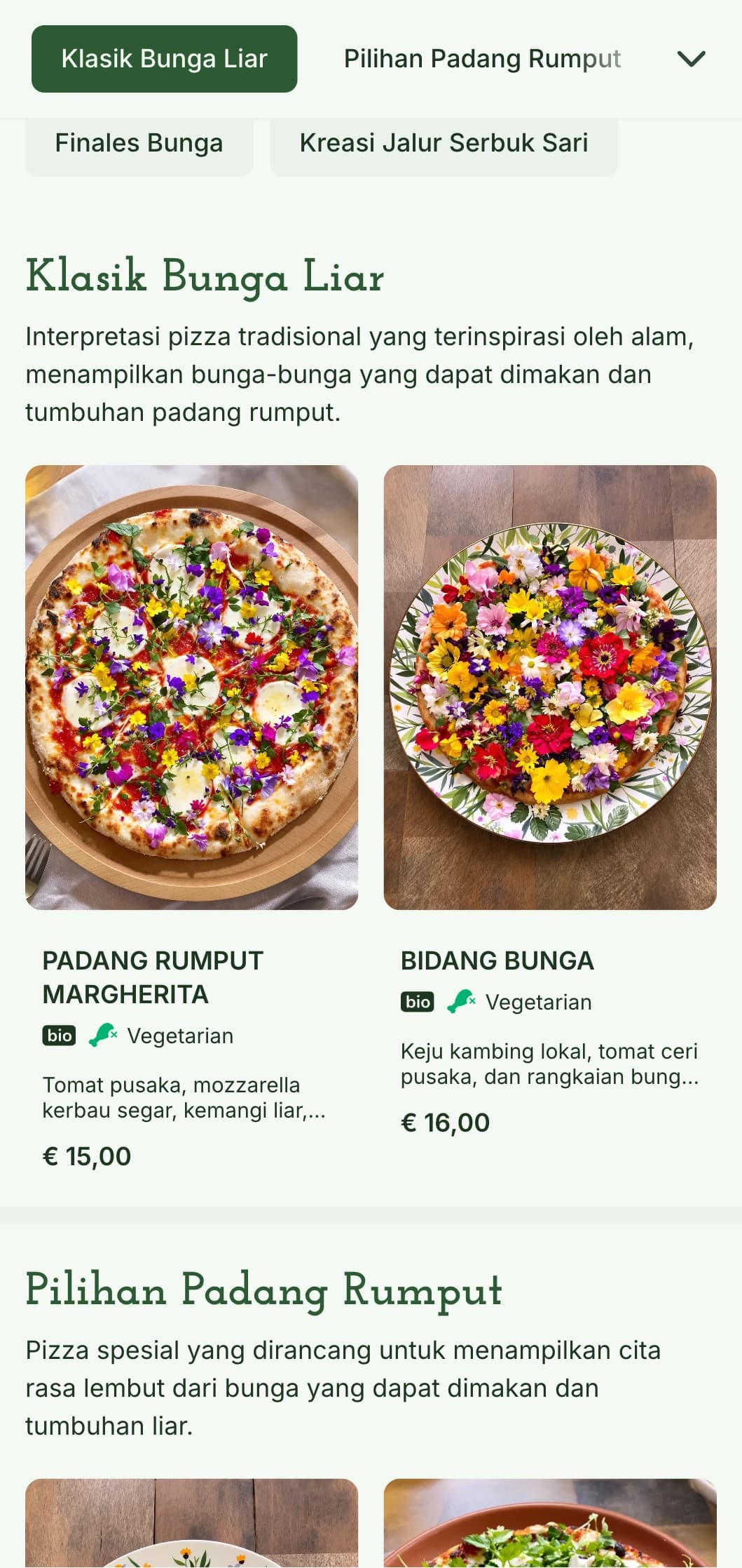 Menu pizza yang terinspirasi dari bunga-bunga liar yang mengedepankan bahan-bahan lokal dan penyajian alami.