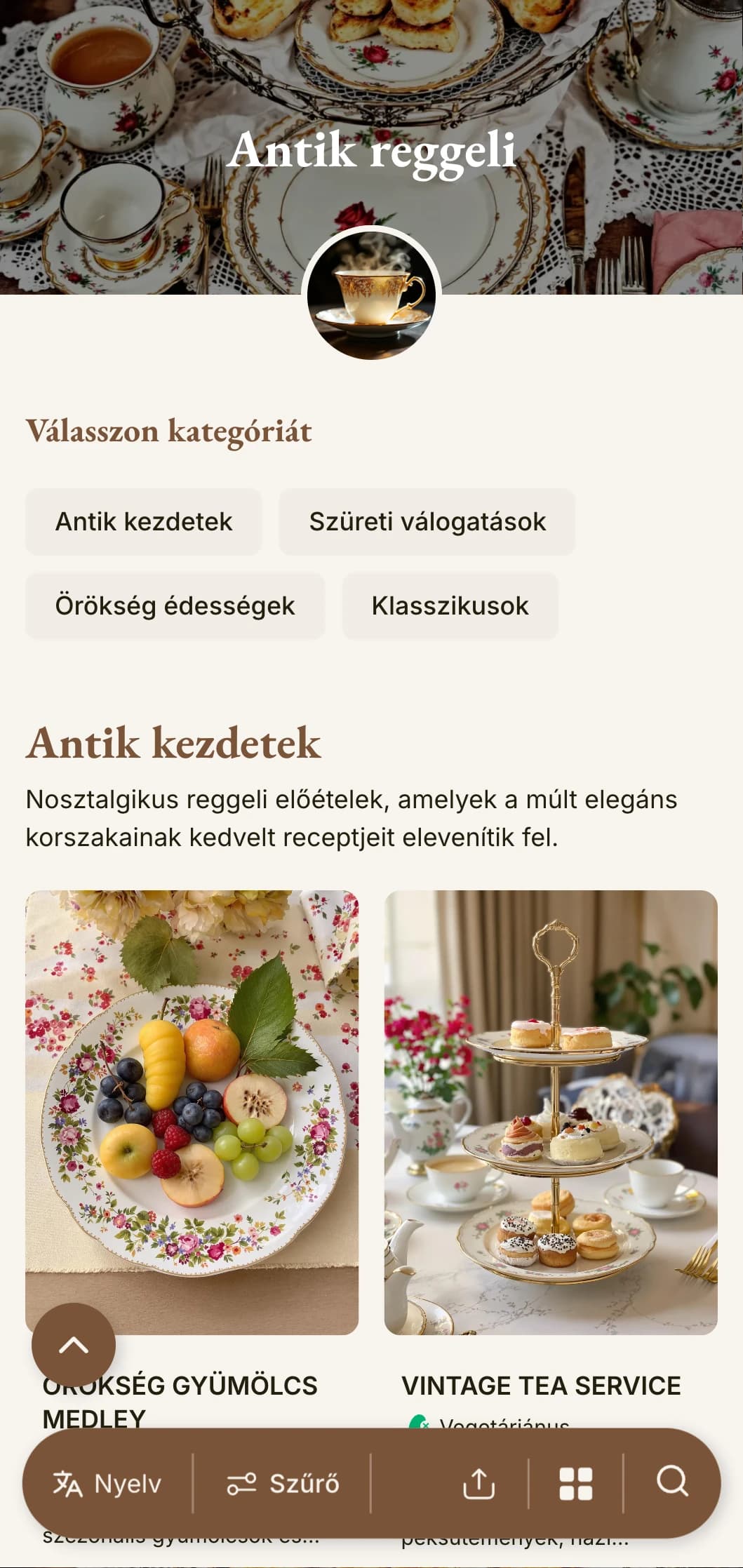 Nosztalgikus reggeli választék, amelyet örökölt receptek ihlettek, vintage bájjal és klasszikus eleganciával bemutatva.
