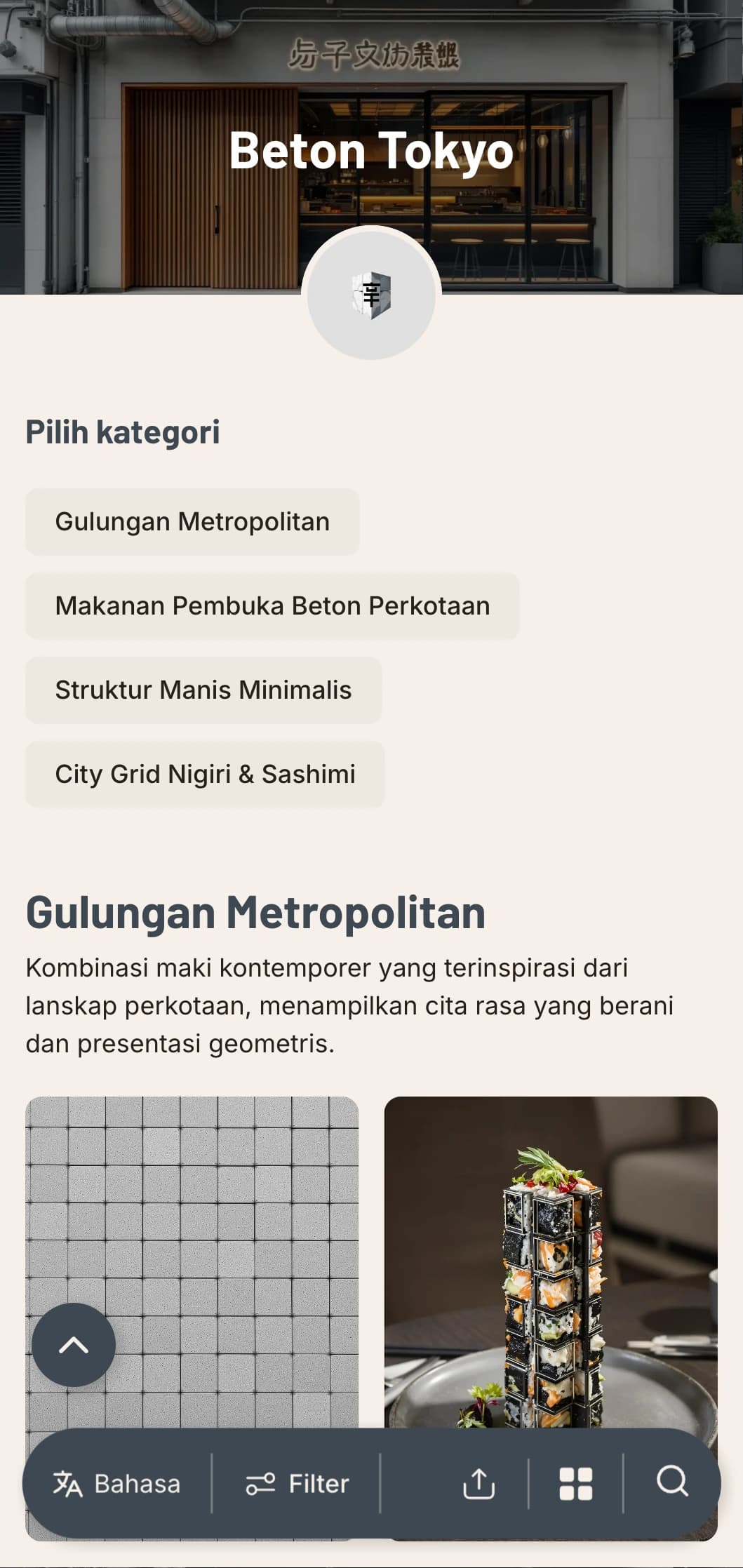 Menu sushi industrial dan urban dengan warna abu-abu beton dan desain minimalis untuk tempat di kota kontemporer.