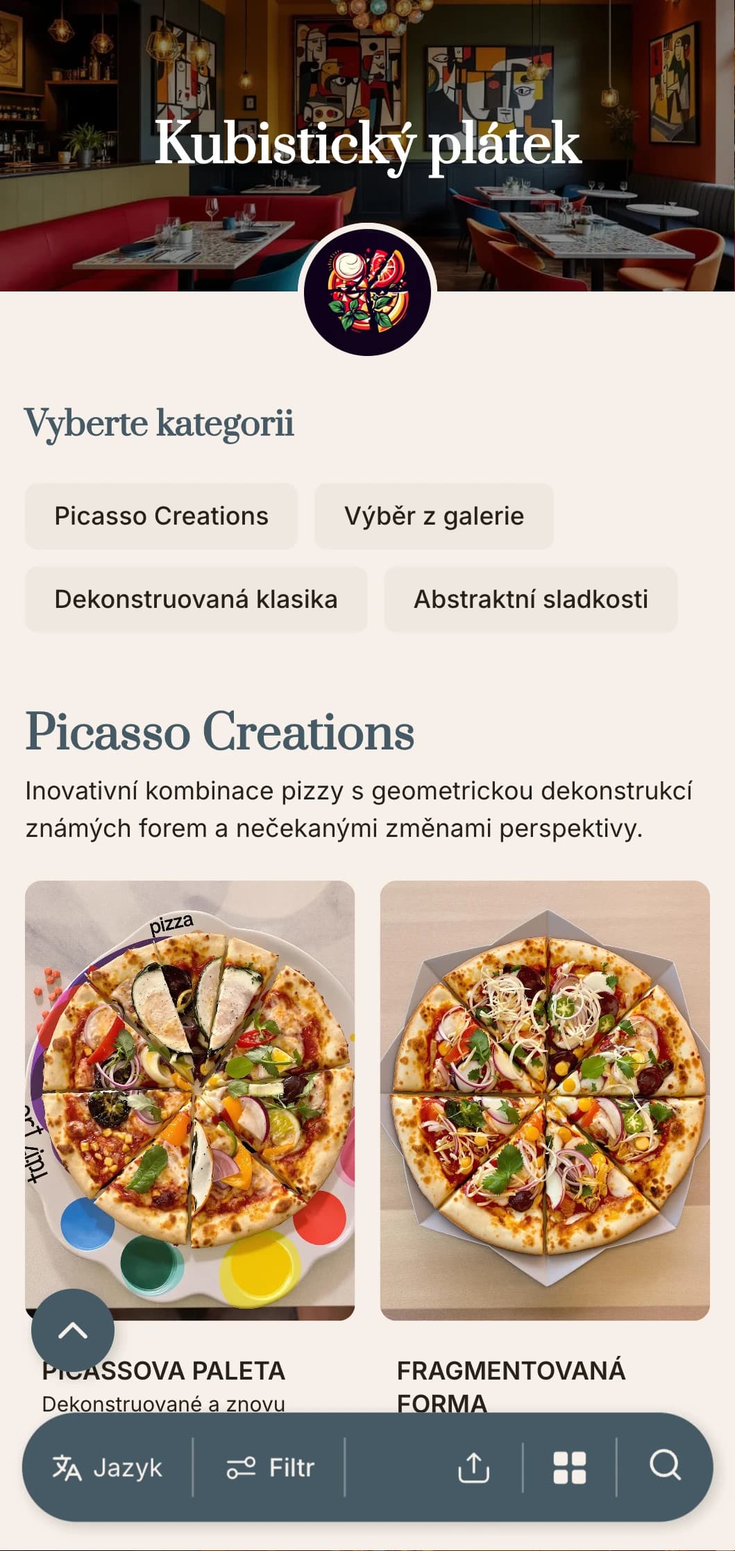 Nabídka pizzy inspirovaná Picassem s abstraktními geometrickými prvky a uměleckým uspořádáním.