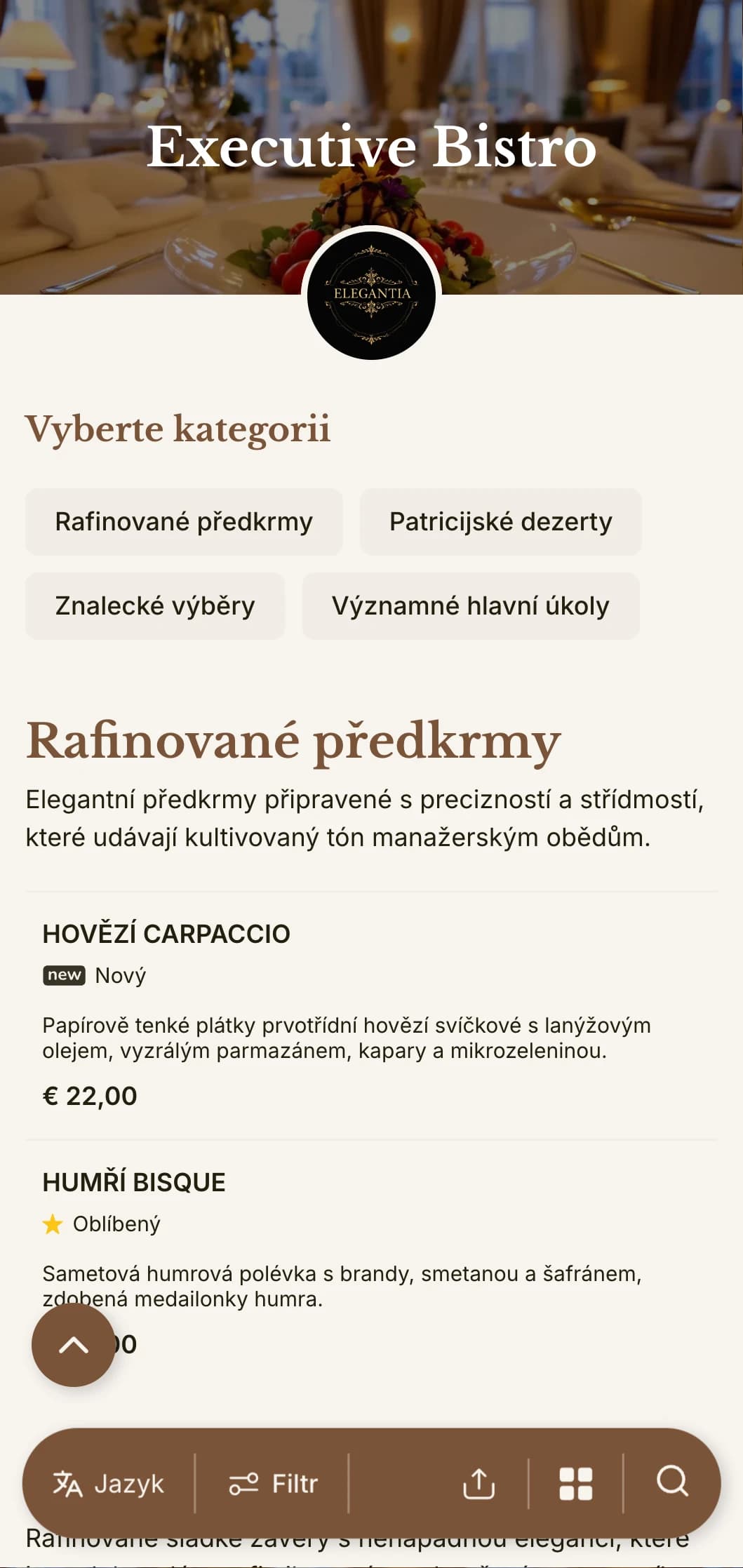 Sofistikovaný design obědového menu s vytříbenou typografií a elegantním řádkováním, přizpůsobený pro luxusní hotelové restaurace a jídelny pro profesionály.