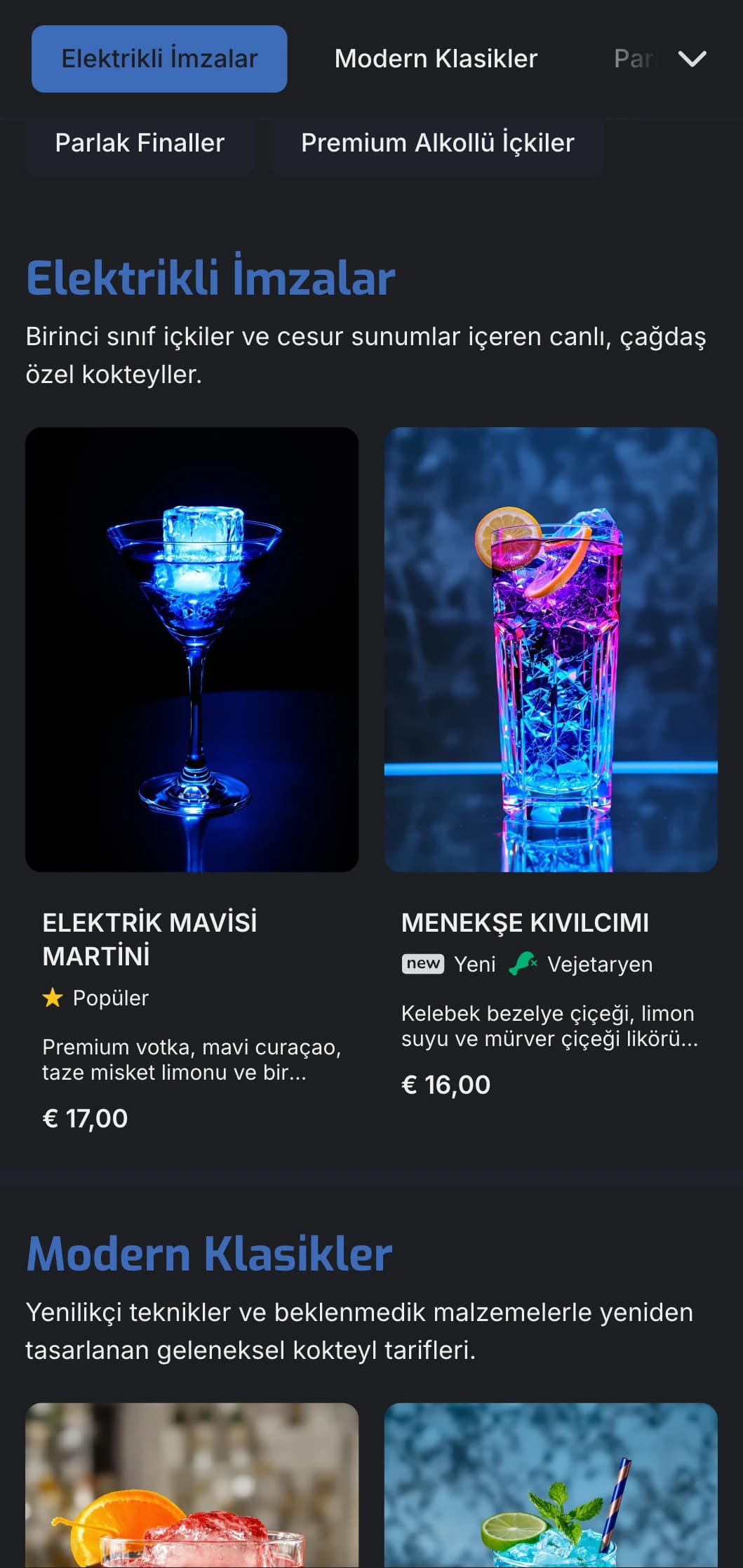 Modern kokteyl barları ve salonları için elektrik mavisi vurgular ve temiz tipografi içeren canlı, çağdaş bir tasarım.