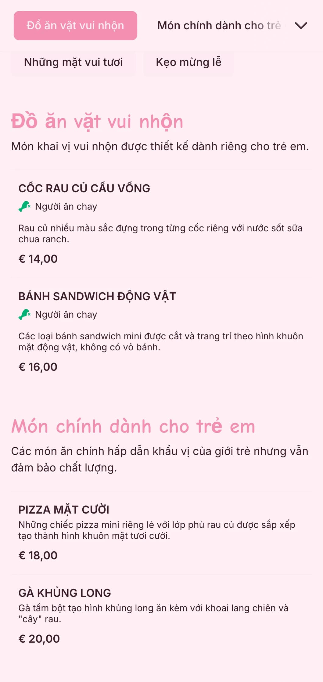 Dịch vụ ăn uống vui nhộn, đầy màu sắc được thiết kế dành riêng cho các sự kiện dành cho trẻ em với cách trình bày sinh động, các lựa chọn phù hợp với trẻ em và các quầy thức ăn tương tác.