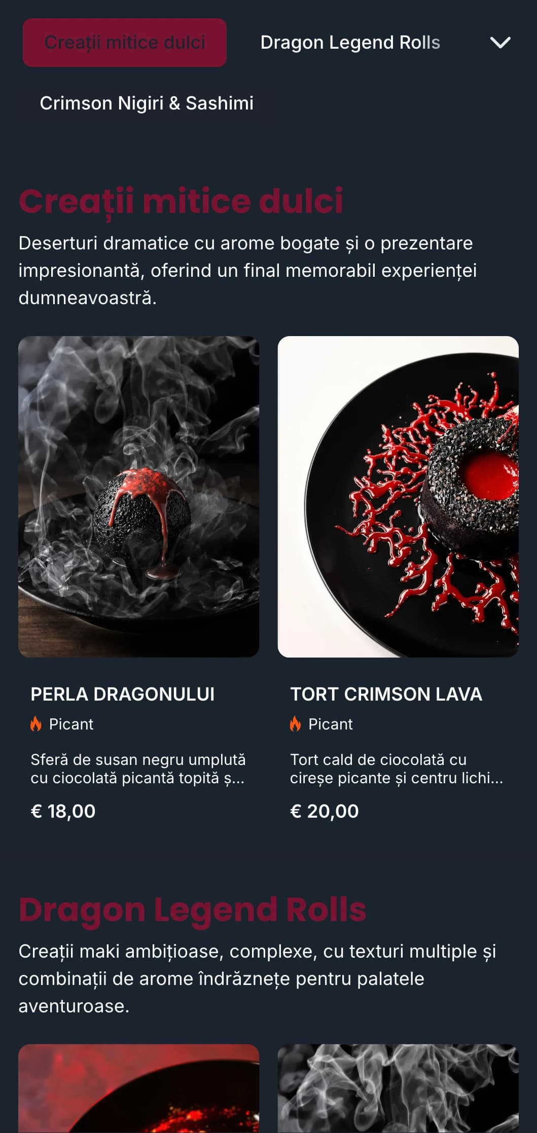 Meniu sushi îndrăzneț, dramatic, cu tonuri bogate de roșu, inspirat de mitologia tradițională japoneză a dragonilor.