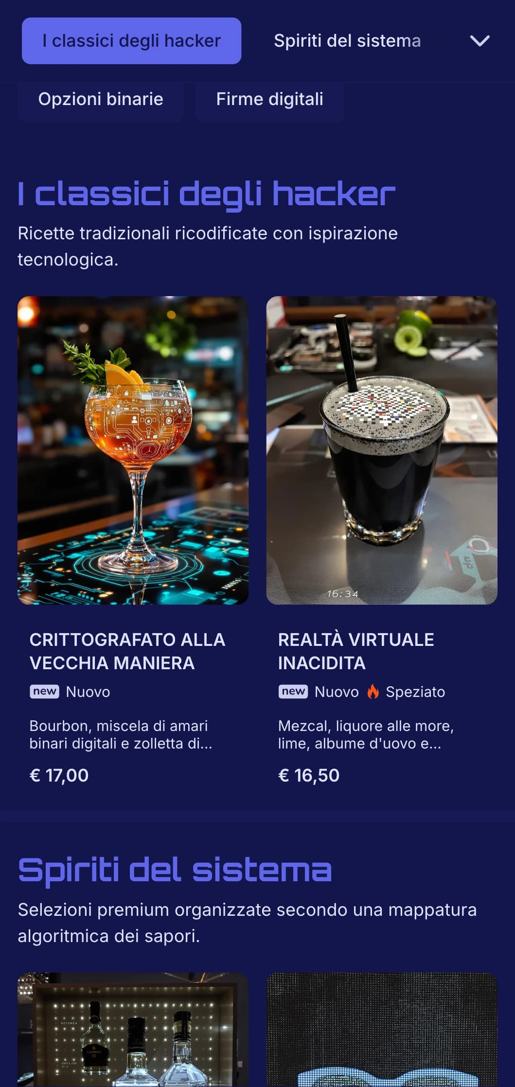 Design futuristico blu e nero con elementi digitali per bar all'avanguardia.