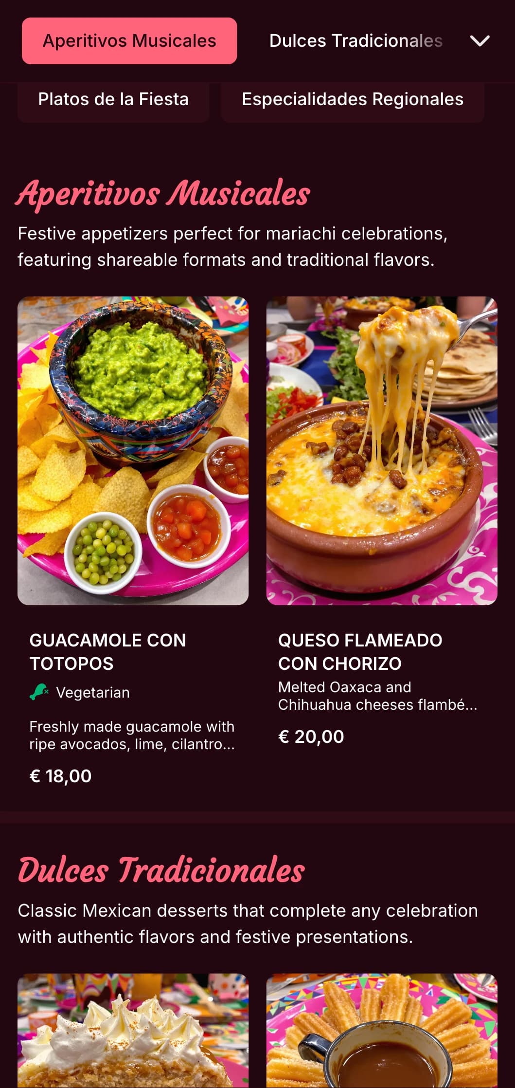 Lively and musical Mexican menu featuring bright pink accents, mariachi imagery, and festive dishes perfect for celebrations and parties.