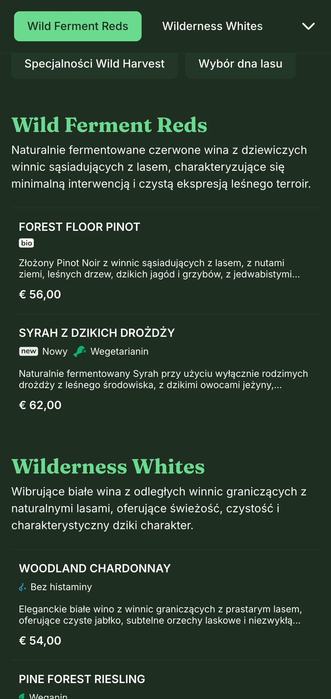 Inspirowany naturą szablon ciemnej karty win z żywymi zielonymi akcentami na leśnym tle, idealny do leśnych restauracji i rustykalnych winiarni.