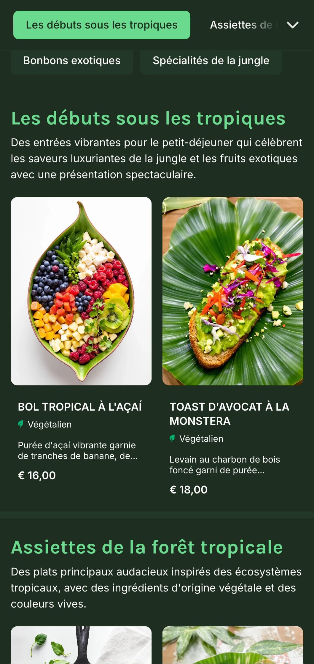 Modèle vert vibrant avec des éléments tropicaux, parfait pour les cafés à base de plantes et les brunchs exotiques.