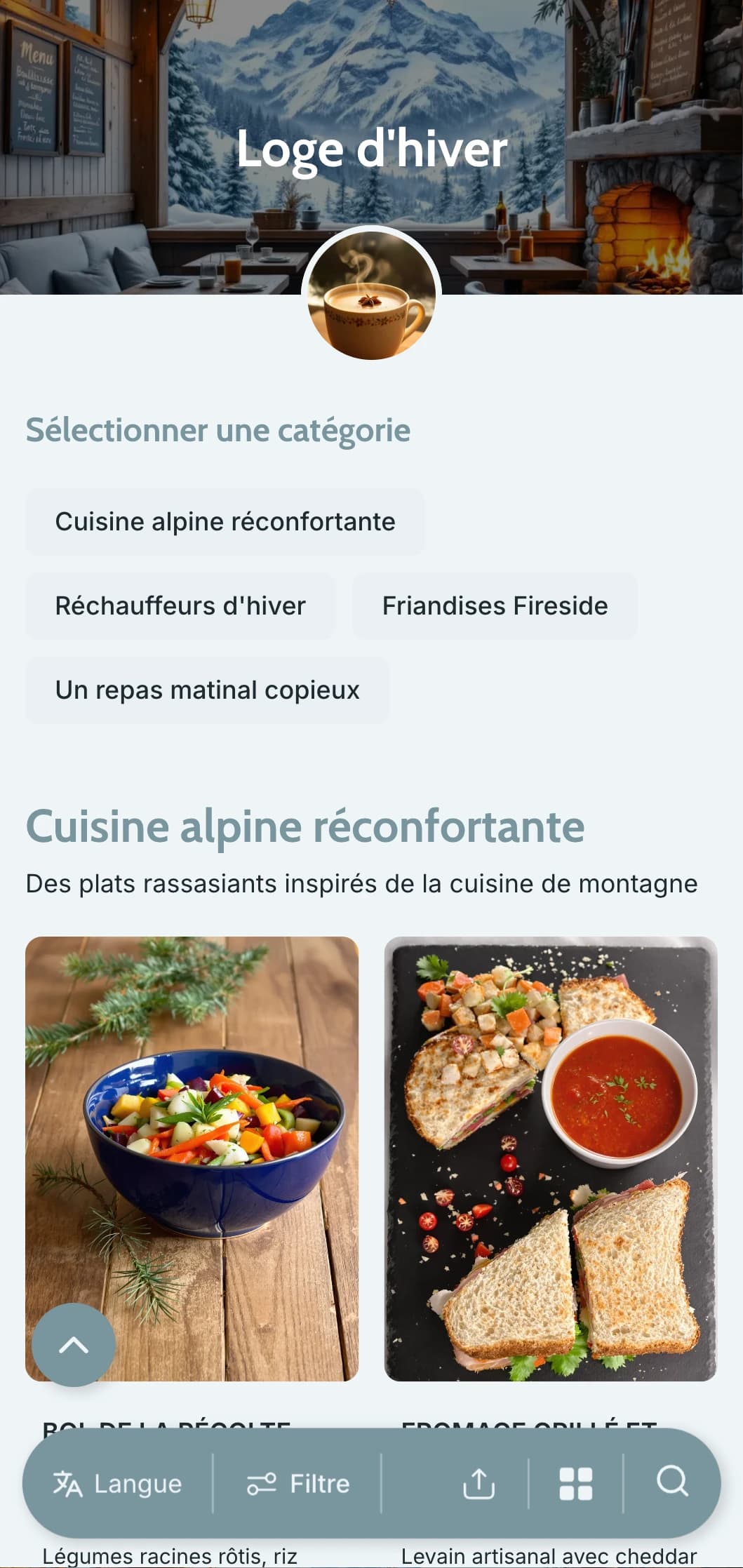 Design bleu-gris frais avec des éléments hivernaux pour les menus saisonniers et les cafés de montagne.
