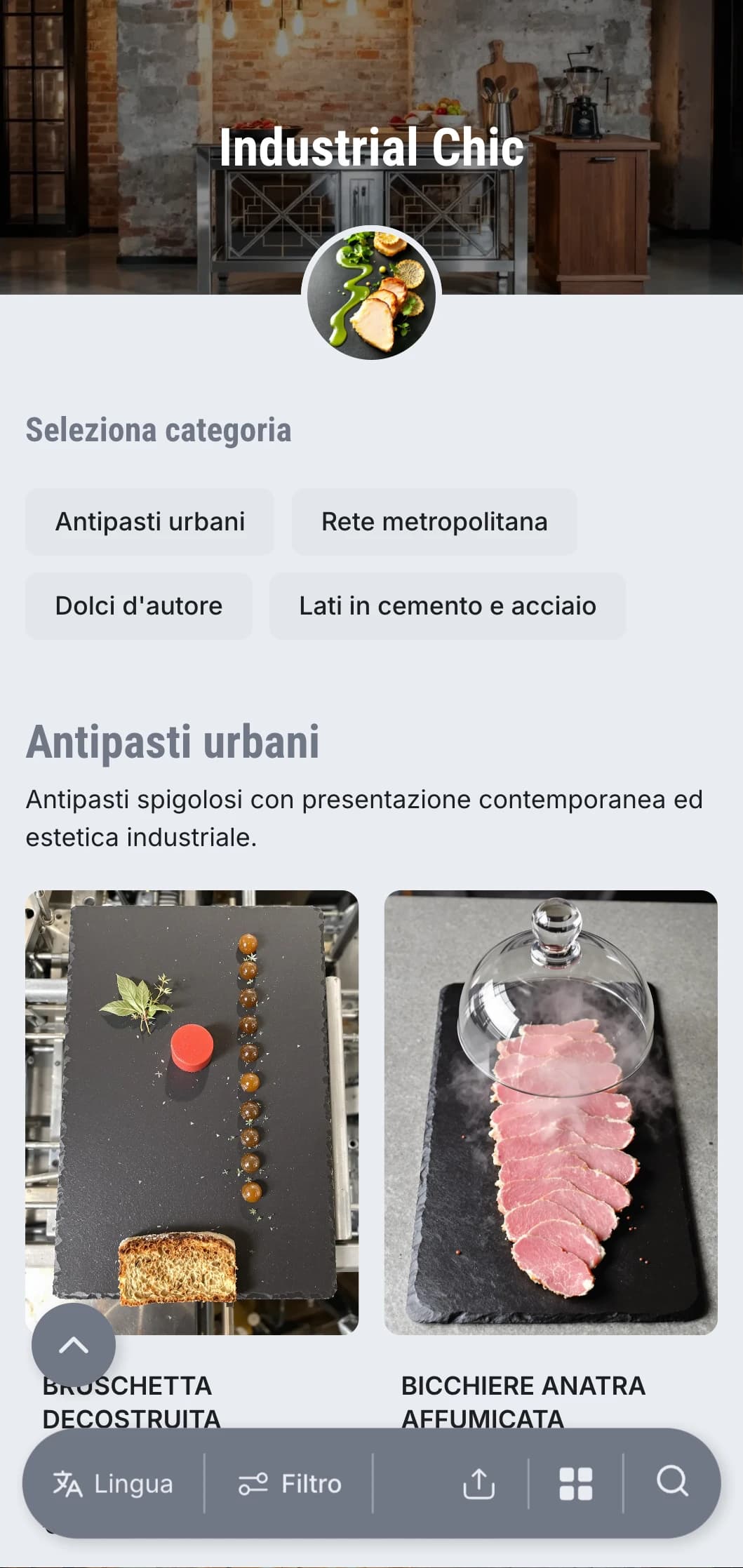 Presentazione del catering cruda e tagliente con un'estetica urbana moderna, elementi metallici e texture di cemento per eventi in magazzino e inaugurazioni di gallerie.