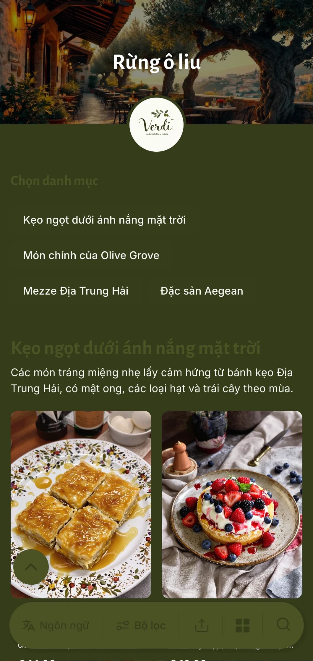 Thực đơn tối lấy cảm hứng từ Địa Trung Hải với tông màu xanh ô liu và các yếu tố mộc mạc, hoàn hảo cho ẩm thực Hy Lạp hoặc Địa Trung Hải.