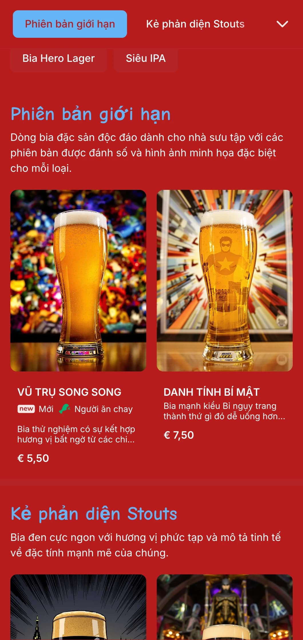 Thiết kế sống động và vui tươi lấy cảm hứng từ truyện tranh, có màu sắc đậm và các yếu tố đồ họa cho các cơ sở bia theo chủ đề.