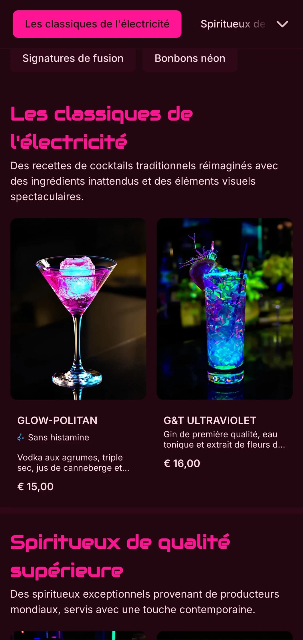 Un design audacieux et vibrant pour les bars à cocktails et les boîtes de nuit contemporains, avec des couleurs néon et une typographie dynamique.