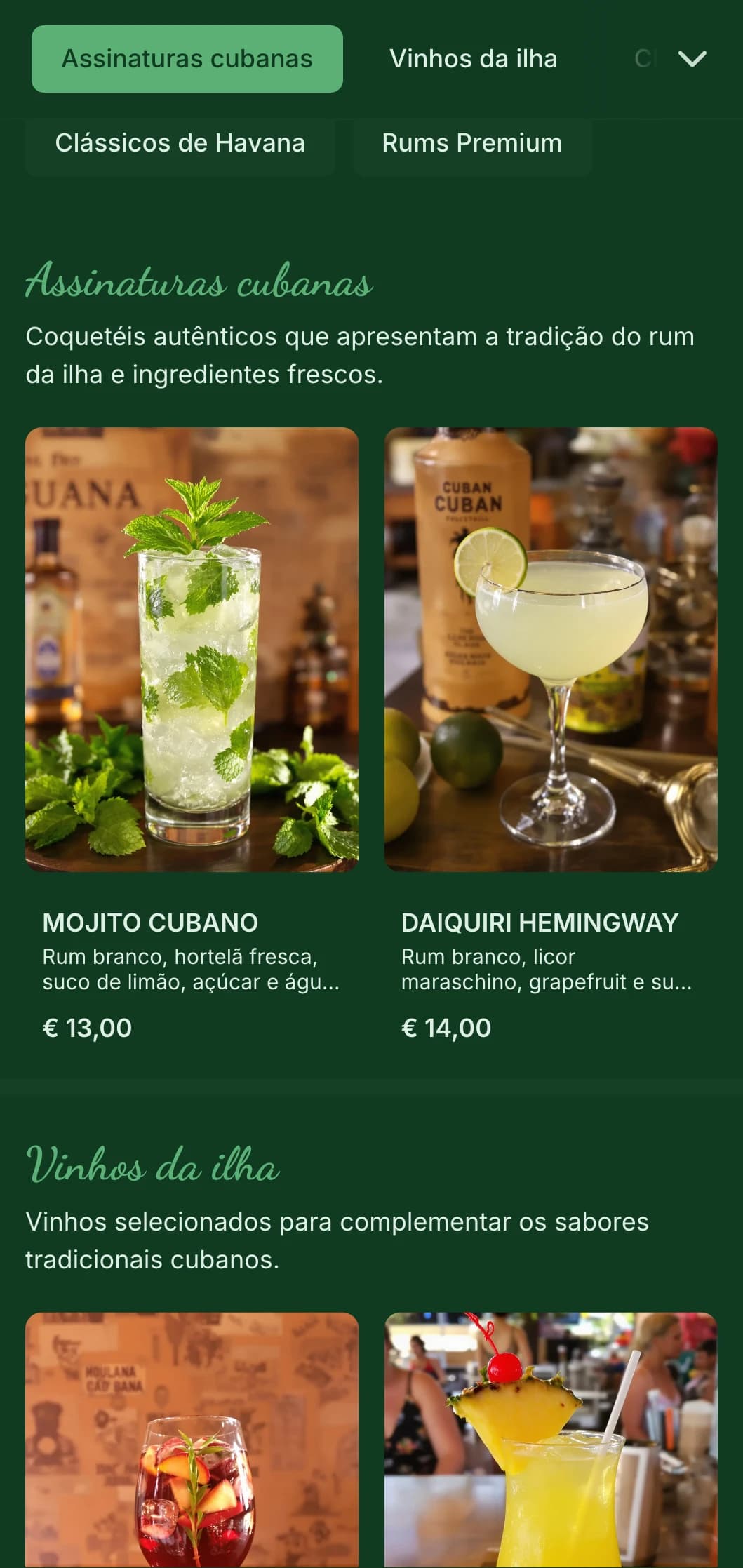 Design verde tropical com elementos vintage para bares de rum inspirados em Cuba.