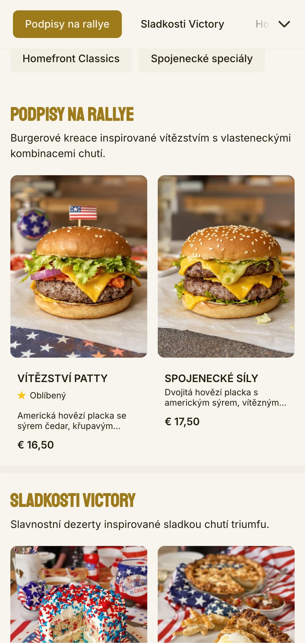 Jídelna na hamburgery inspirovaná obdobím druhé světové války s vítěznou zahradou a vlasteneckými prvky.