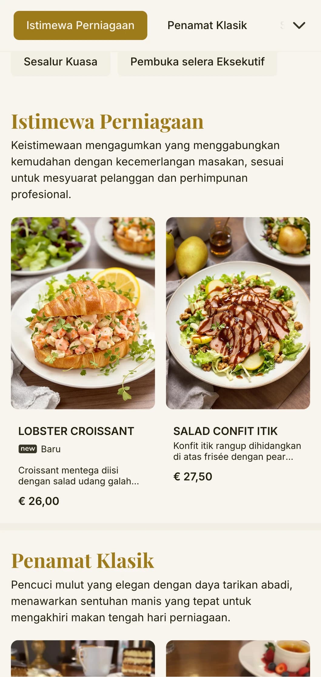 Reka bentuk menu makan tengah hari yang elegan namun cekap untuk daerah perniagaan dan katering korporat, menampilkan tipografi abadi dan susun atur yang canggih untuk makan tengah hari profesional yang pantas.