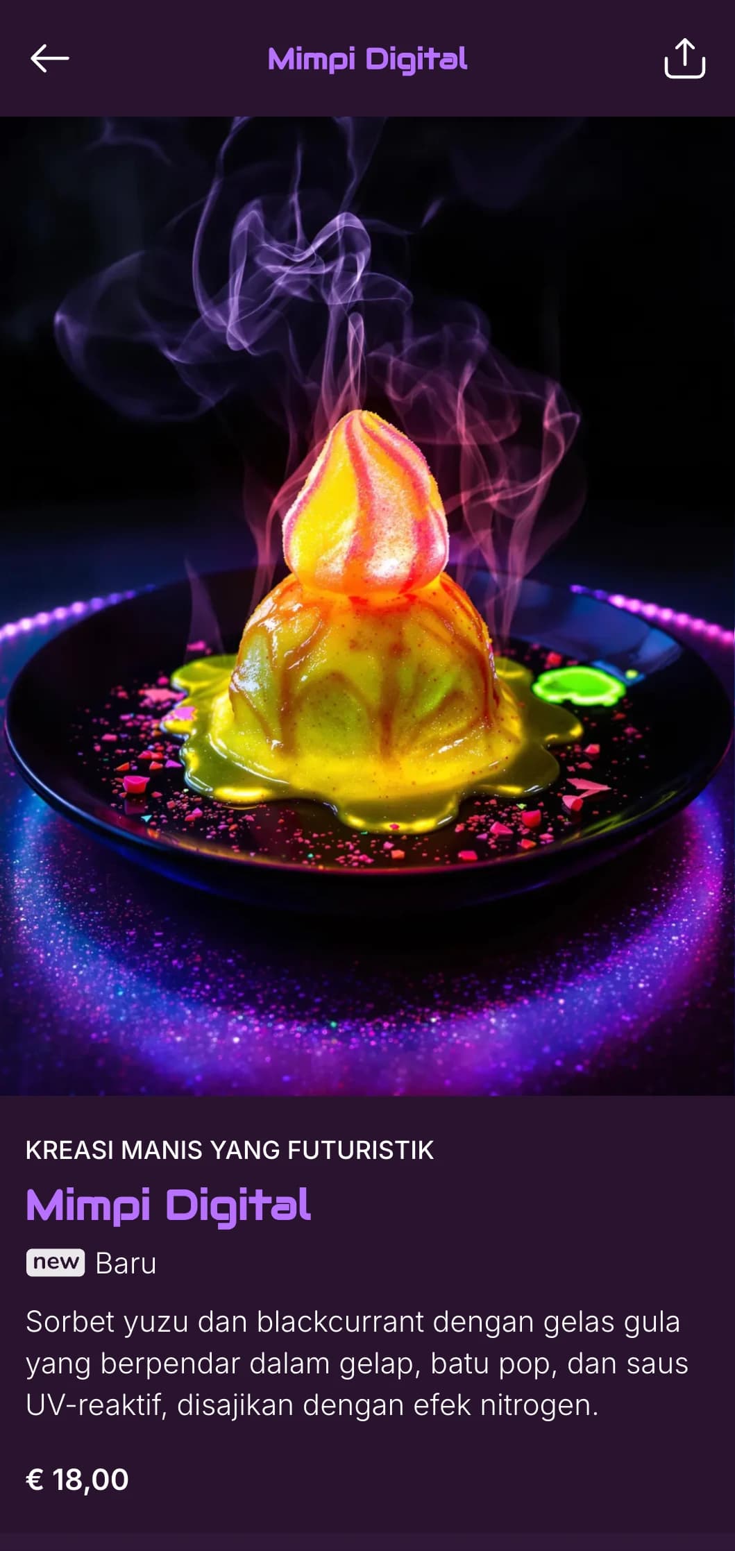 Menu perpaduan sushi ultra-modern dengan aksen neon ungu yang semarak dengan latar belakang warna-warni untuk tempat hiburan malam yang trendi.