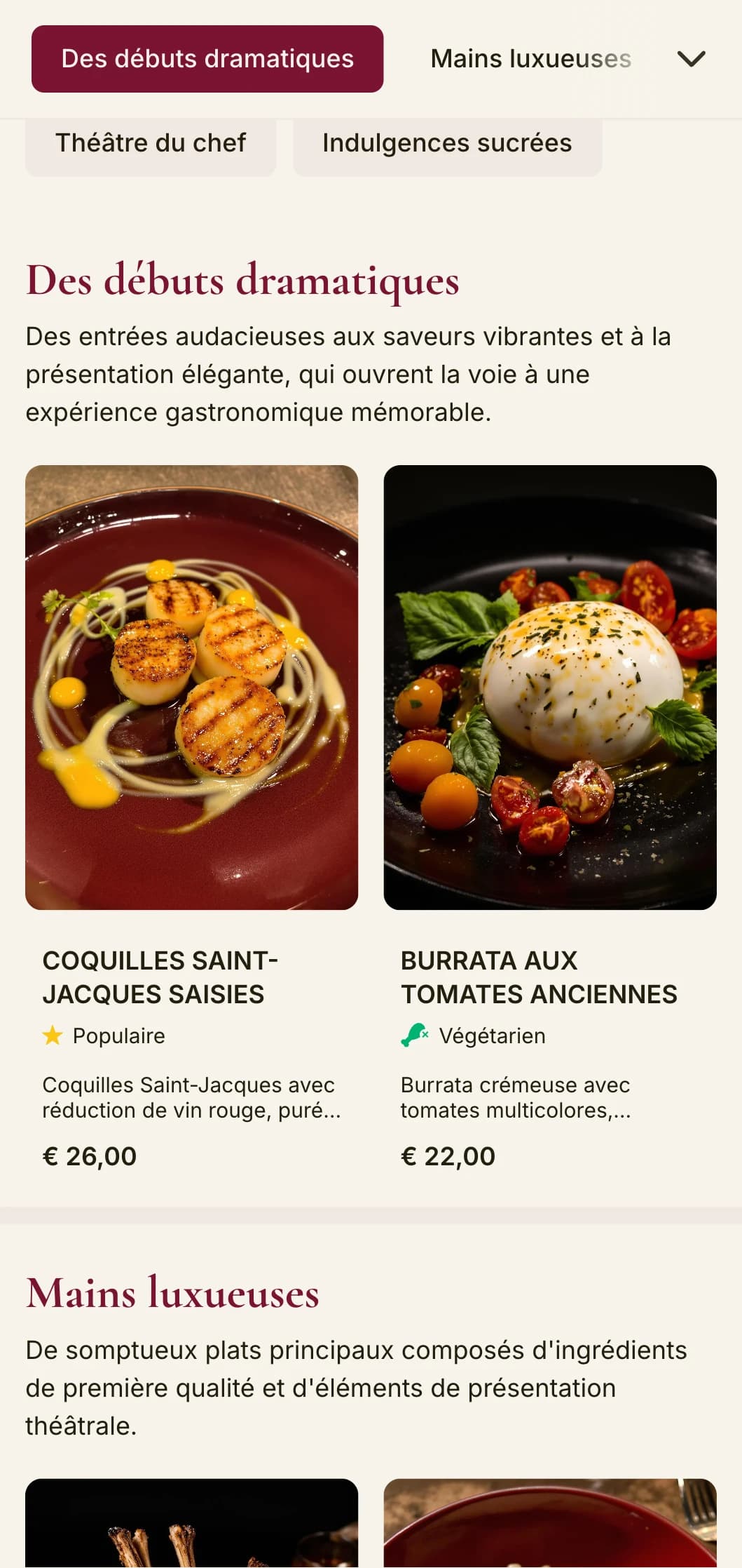 Un menu audacieux et dramatique, avec des tons rouges profonds et des éléments luxueux, conçu pour des lieux de restauration haut de gamme avec un flair théâtral.
