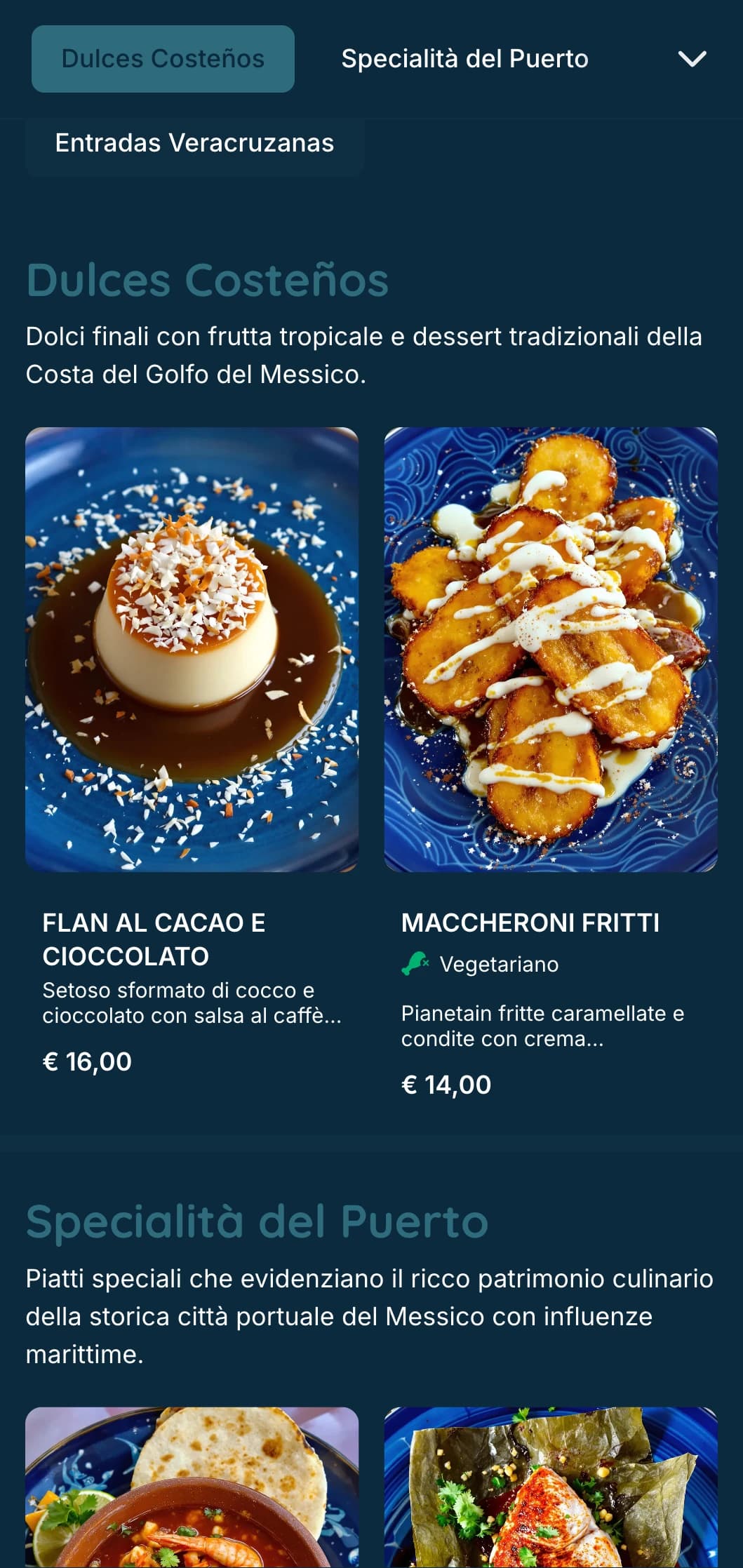 Menu costiero fresco e saporito che presenta specialità di pesce di Veracruz con accenti turchesi, immagini costiere e preparazioni di pesce d'autore.
