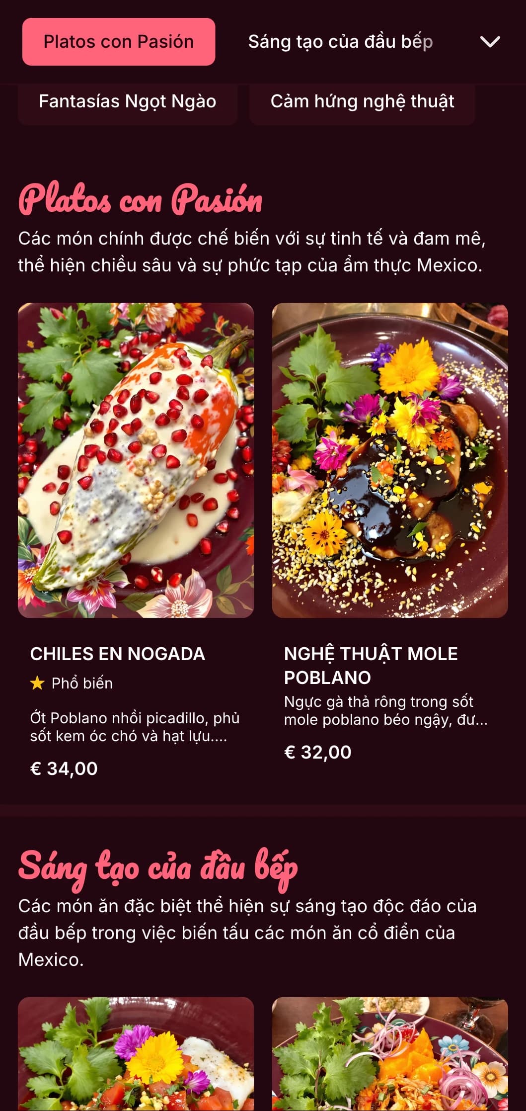 Thực đơn nghệ thuật và sống động lấy cảm hứng từ Frida Kahlo với điểm nhấn màu hồng tươi sáng, các món ăn Mexico đầy màu sắc và cách trình bày sáng tạo.