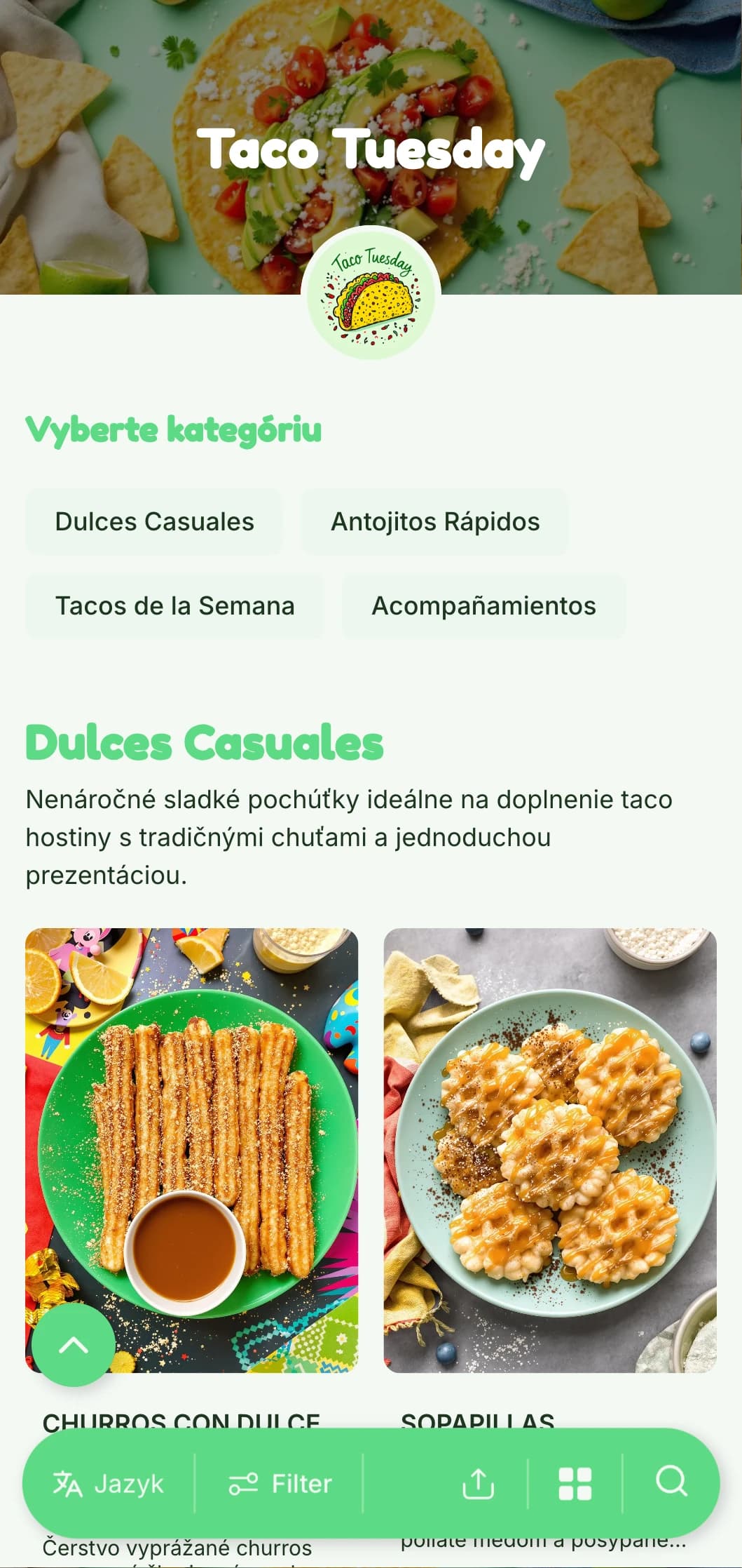 Zábavné a ležérne menu zamerané na taco s jasne zelenými akcentmi, hravými ilustráciami a kreatívnymi variáciami taco špecialít v pracovných dňoch.