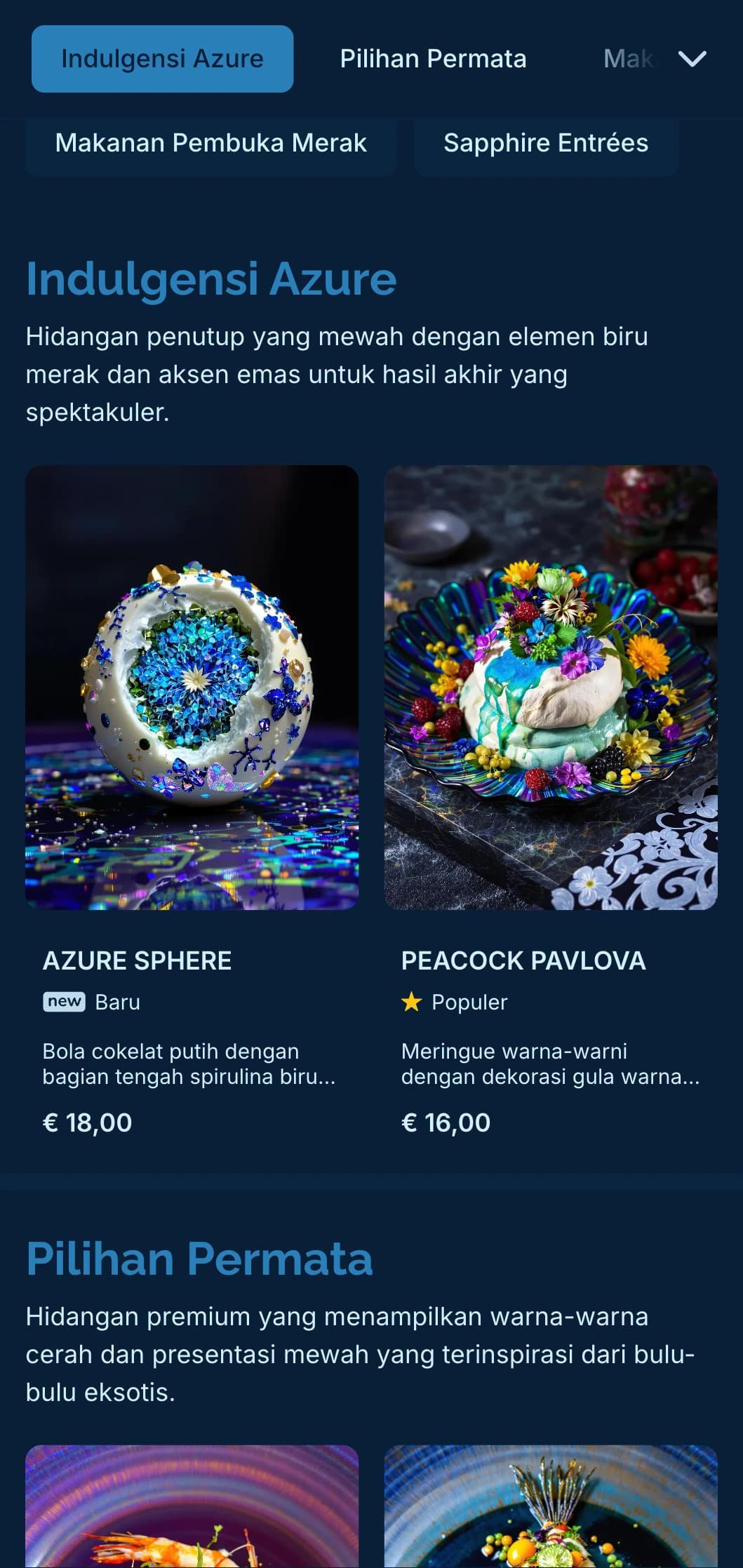 Konsep yang semarak namun berkelas dengan warna biru merak dan aksen emas yang halus untuk pengalaman bersantap yang mewah.