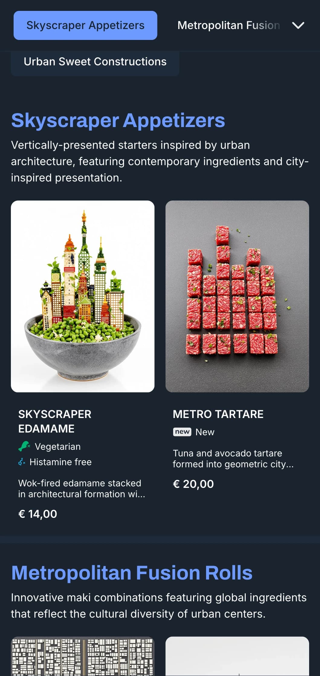 Contemporary city-inspired sushi menu with cool blue tones and urban design elements for trendy venues.