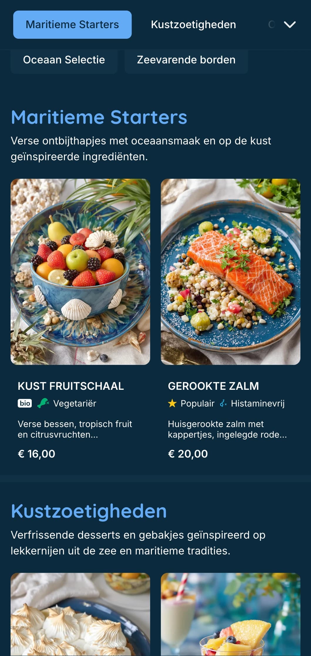 Frisse, maritieme brunchsjabloon met diepblauwe tinten, ideaal voor brunches met zeevruchten en etablissementen aan het strand.