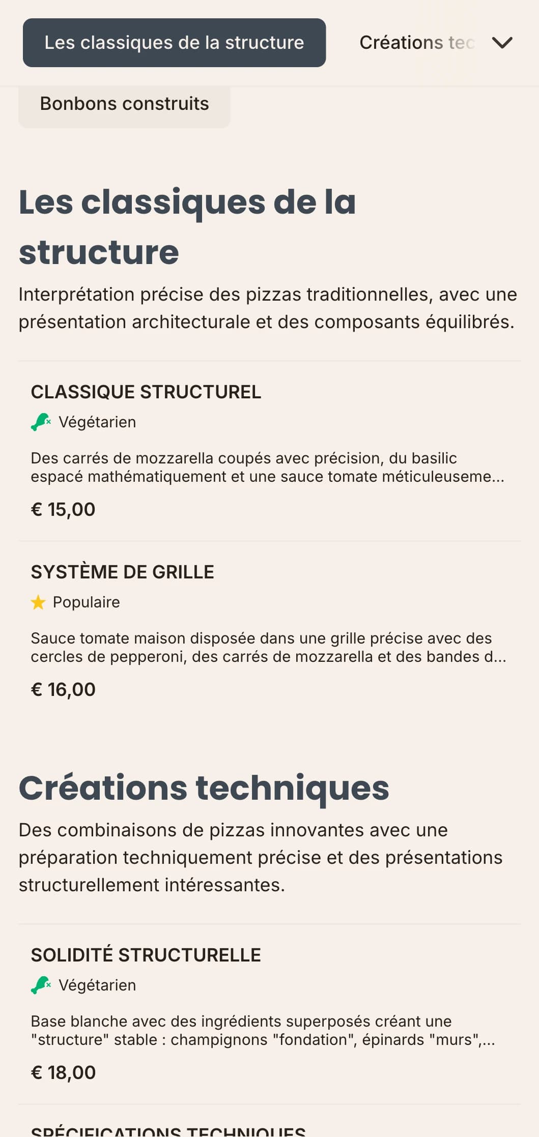 Carte de pizzas d'inspiration architecturale avec des mises en page précises et une esthétique technique.