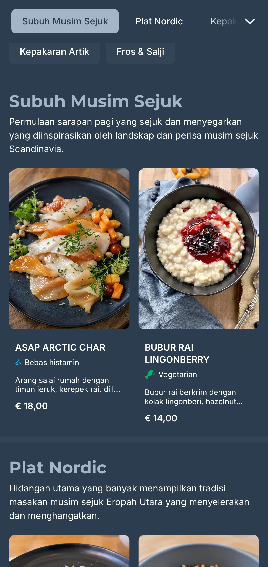 Templat biru tua dengan aksen sejuk, diilhamkan oleh estetika musim sejuk Scandinavia untuk kafe kontemporari.