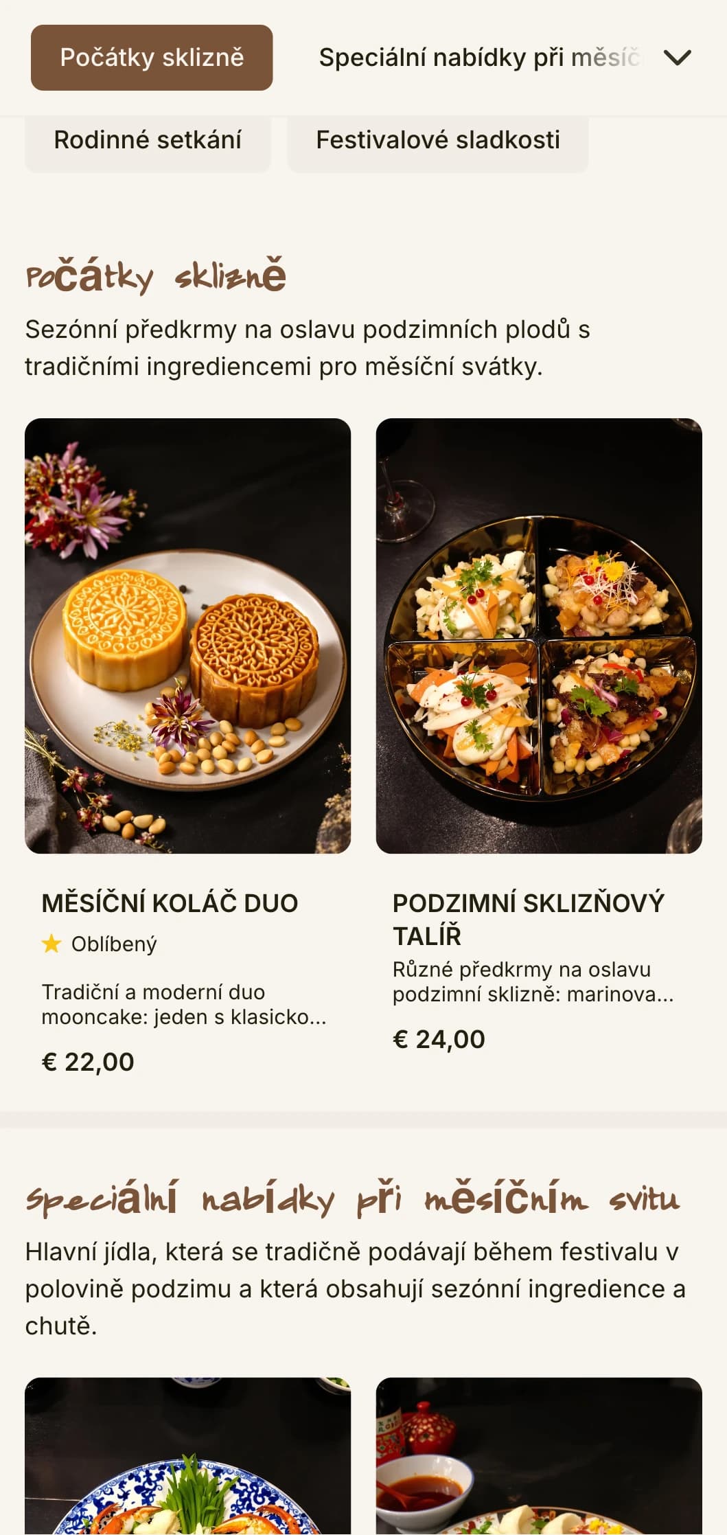 Elegantní design čínského menu inspirovaný svátkem poloviny podzimu s motivy měsíčních koláčů a tradičními vzory sezónních specialit.