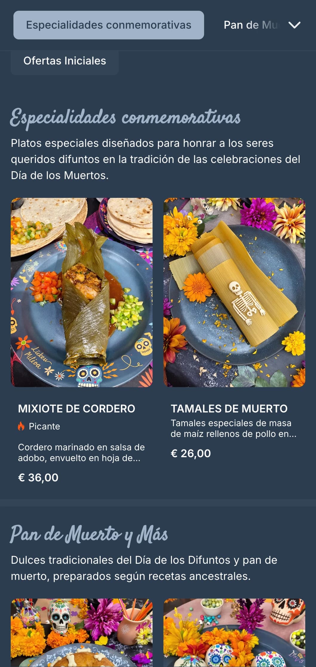 Artístico y festivo menú temático del Día de los Muertos en tonos azul grisáceo, con motivos de calaveras de azúcar y ofertas especiales de temporada.