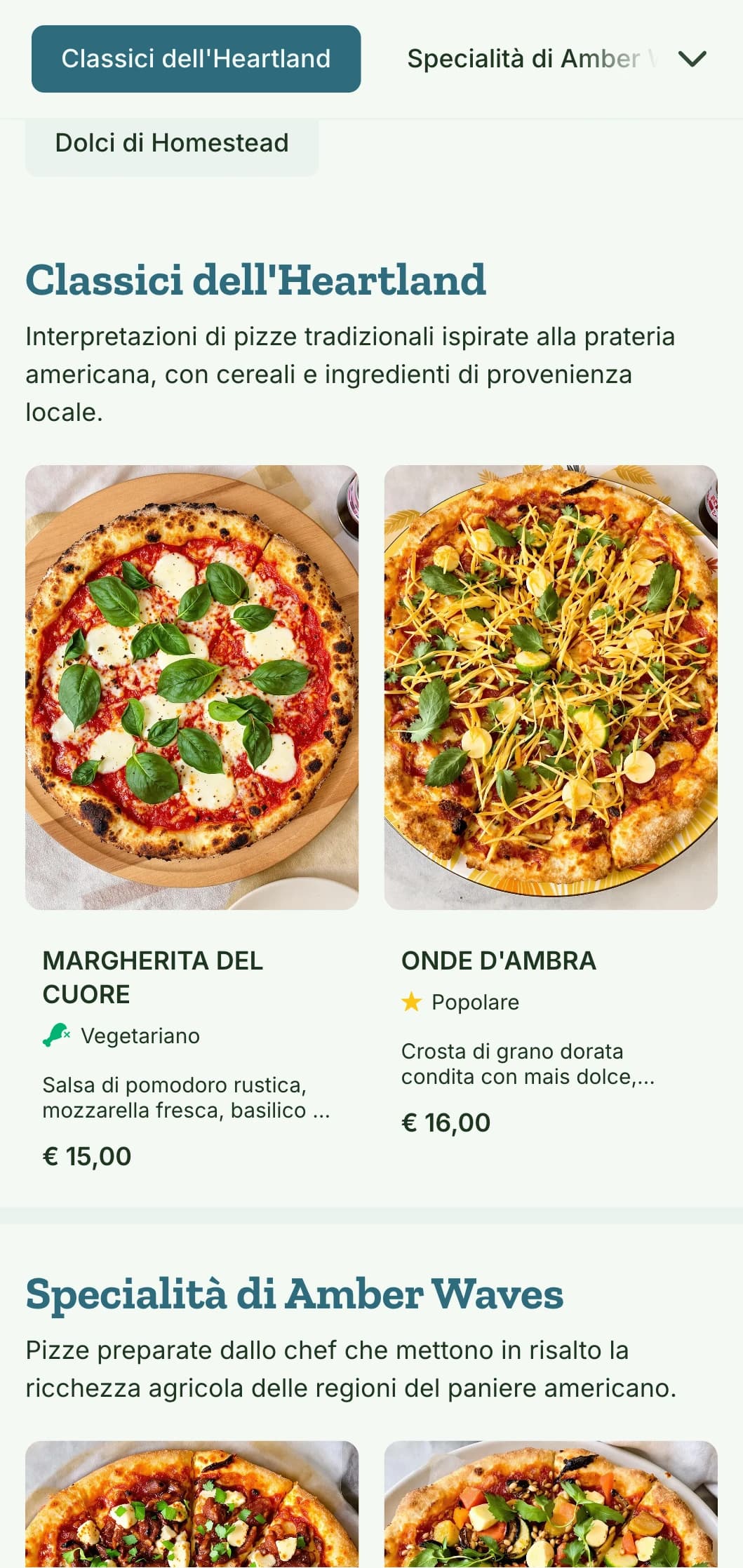 Menu di pizza ispirato all'heartland americano con motivi di grano ed elementi naturali.