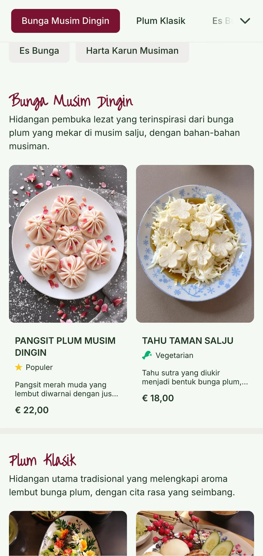 Desain menu Cina yang segar terinspirasi dari bunga plum, dengan pola yang lembut untuk hidangan musim dingin dan musim semi.