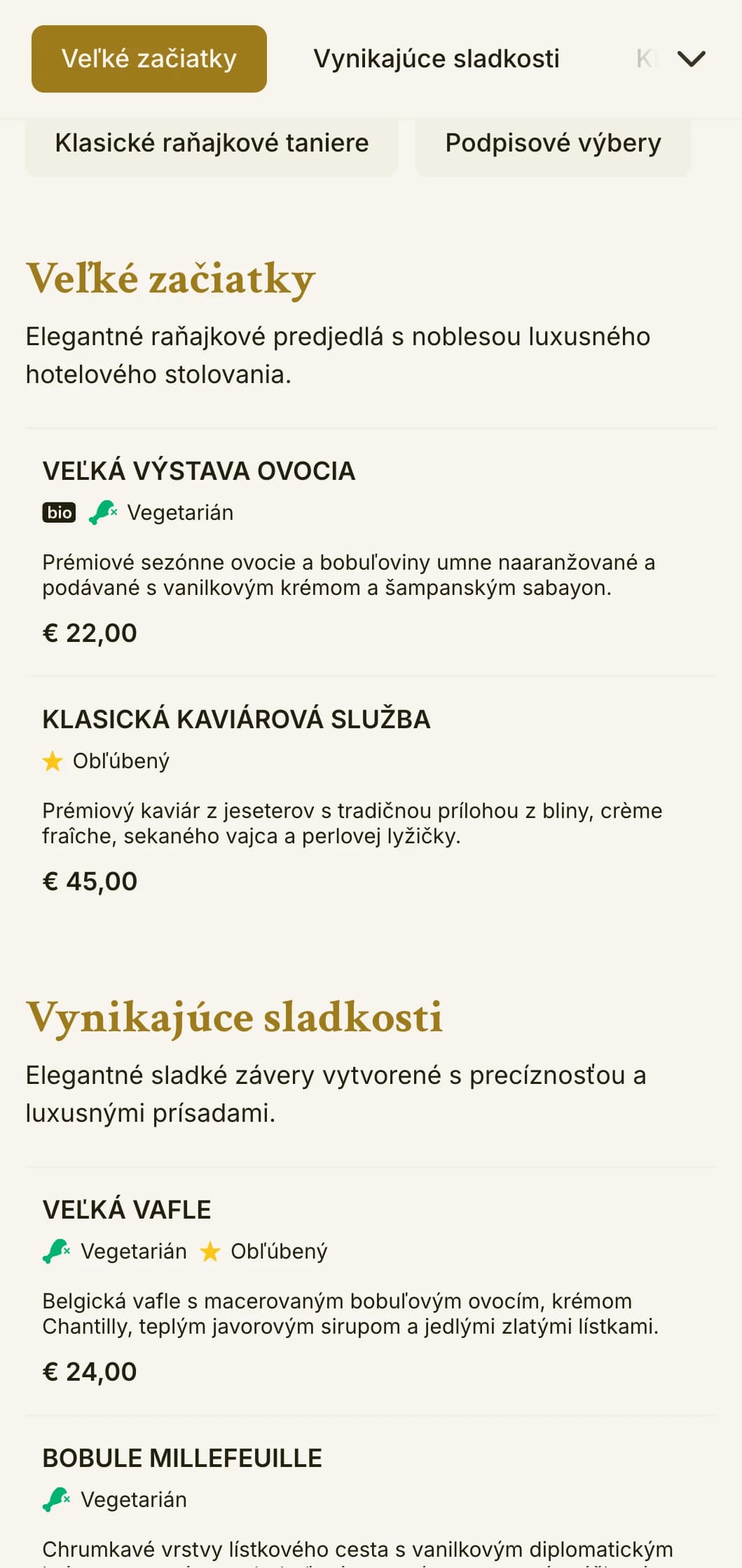 Sofistikované ranné stolovanie s prvotriednymi surovinami a elegantnou prezentáciou v tradícii grand hotela.