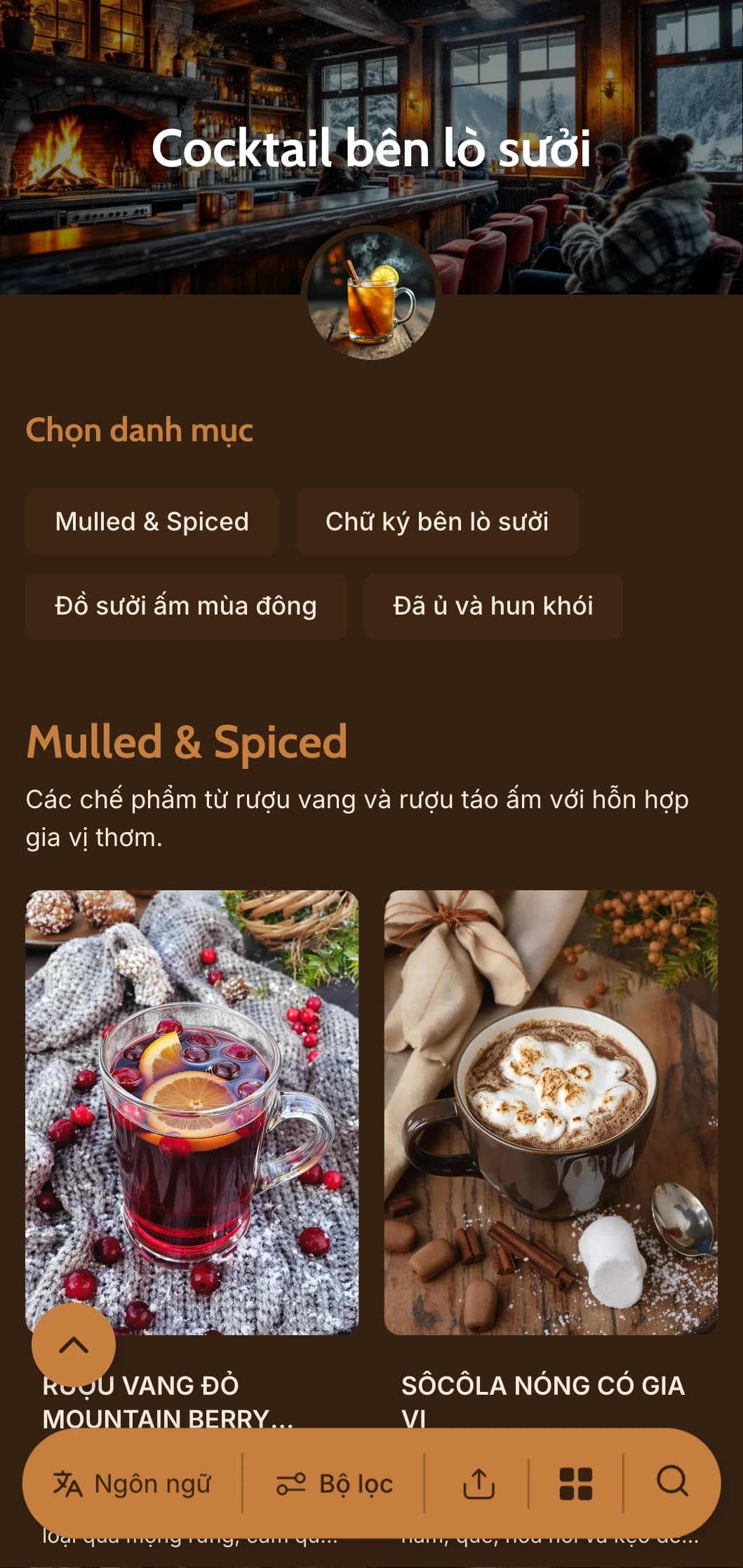 Tông màu hổ phách và đồng ấm áp lấy cảm hứng từ ánh lửa cho những quán bar mùa đông ấm cúng.
