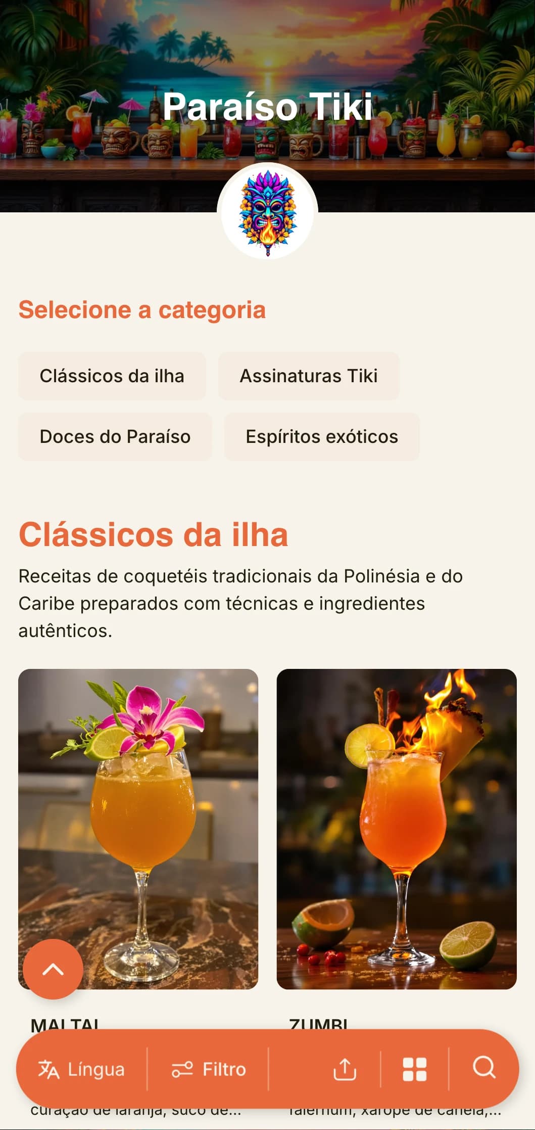 Um design exótico e vibrante para bares tiki e lounges de coquetéis tropicais, com tipografia divertida e cores quentes.