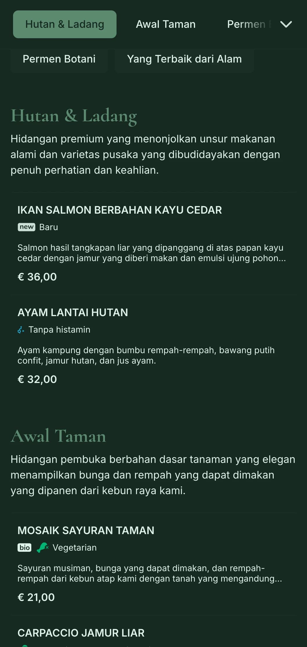 Keanggunan alami yang canggih dengan pengaruh botani, sempurna untuk bersantap mewah yang terinspirasi dari pertanian dan taman.