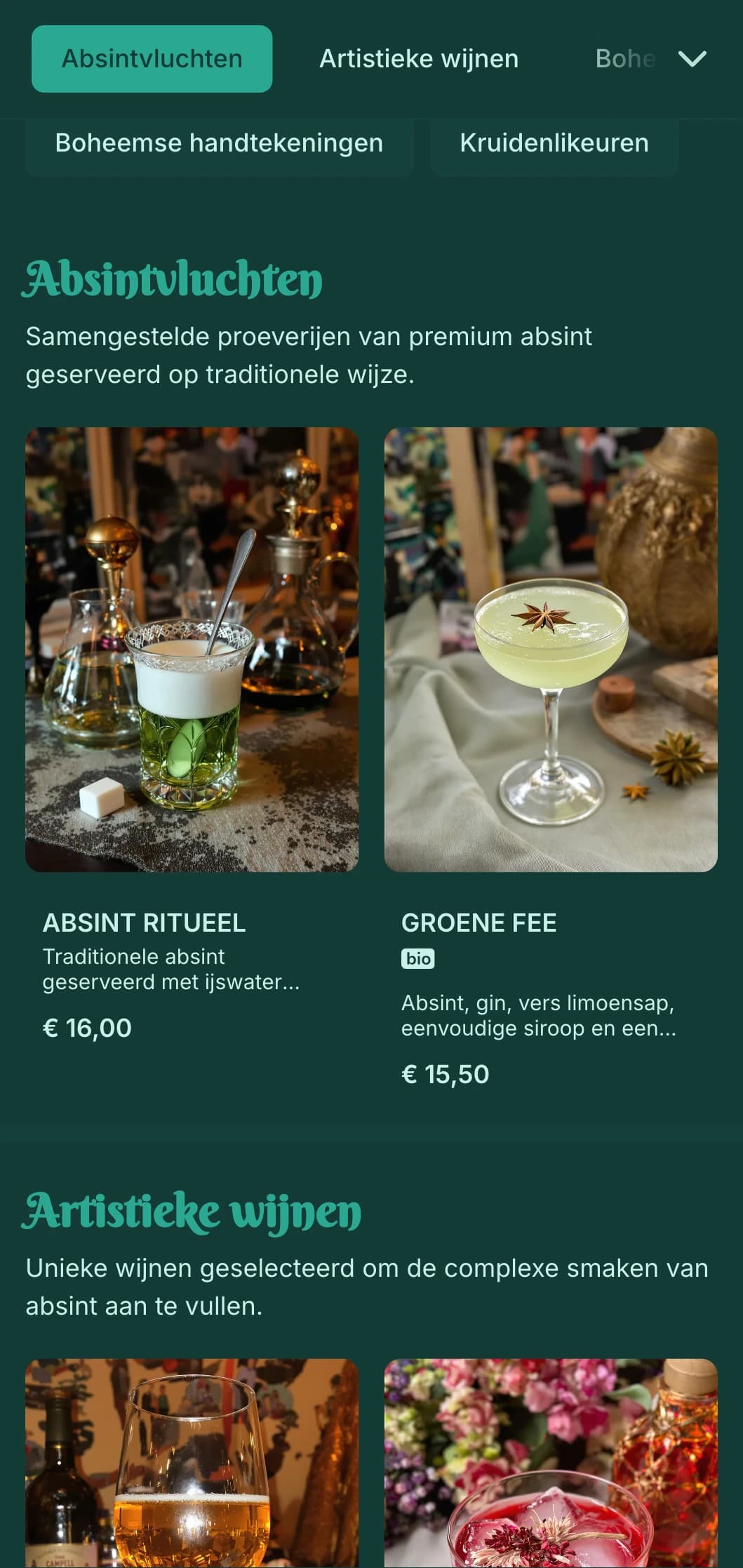 Smaragdgroen ontwerp met art nouveau-elementen voor absint- en spirit lounges.