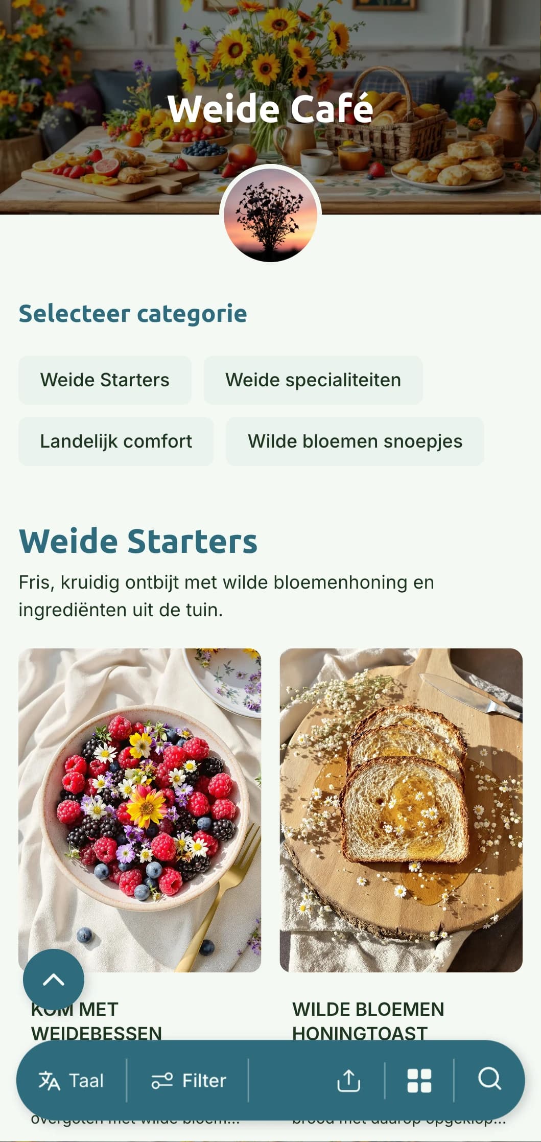 Verse, gezonde ontbijtopties geïnspireerd door weidebloemen en kruiden in een heldere, natuurlijke presentatie.